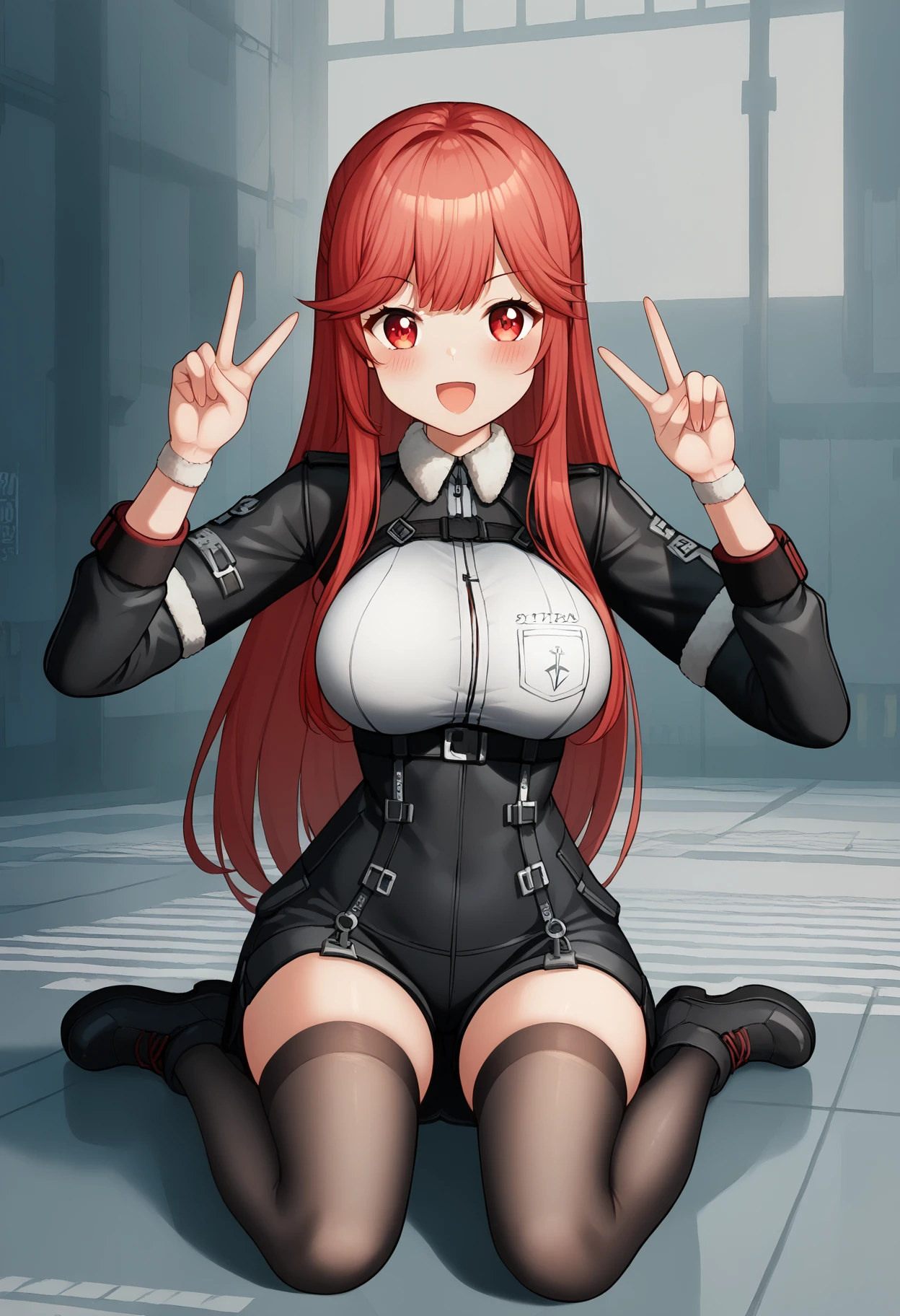 score_9, score_8_up, score_7_up,source_anime,anatomically correct,best perspective BREAK
 <lora:GF2style-000004:1.5> gf2style, 
1girl, red hair, greem eyes, long hair, large breasts, leather jacket, black thighhighs,   double V, open mouth, happy, blush, 
<lora:SittingCrossLeggedV1:1> cr0ssl3gg3d, sitting cross-legged