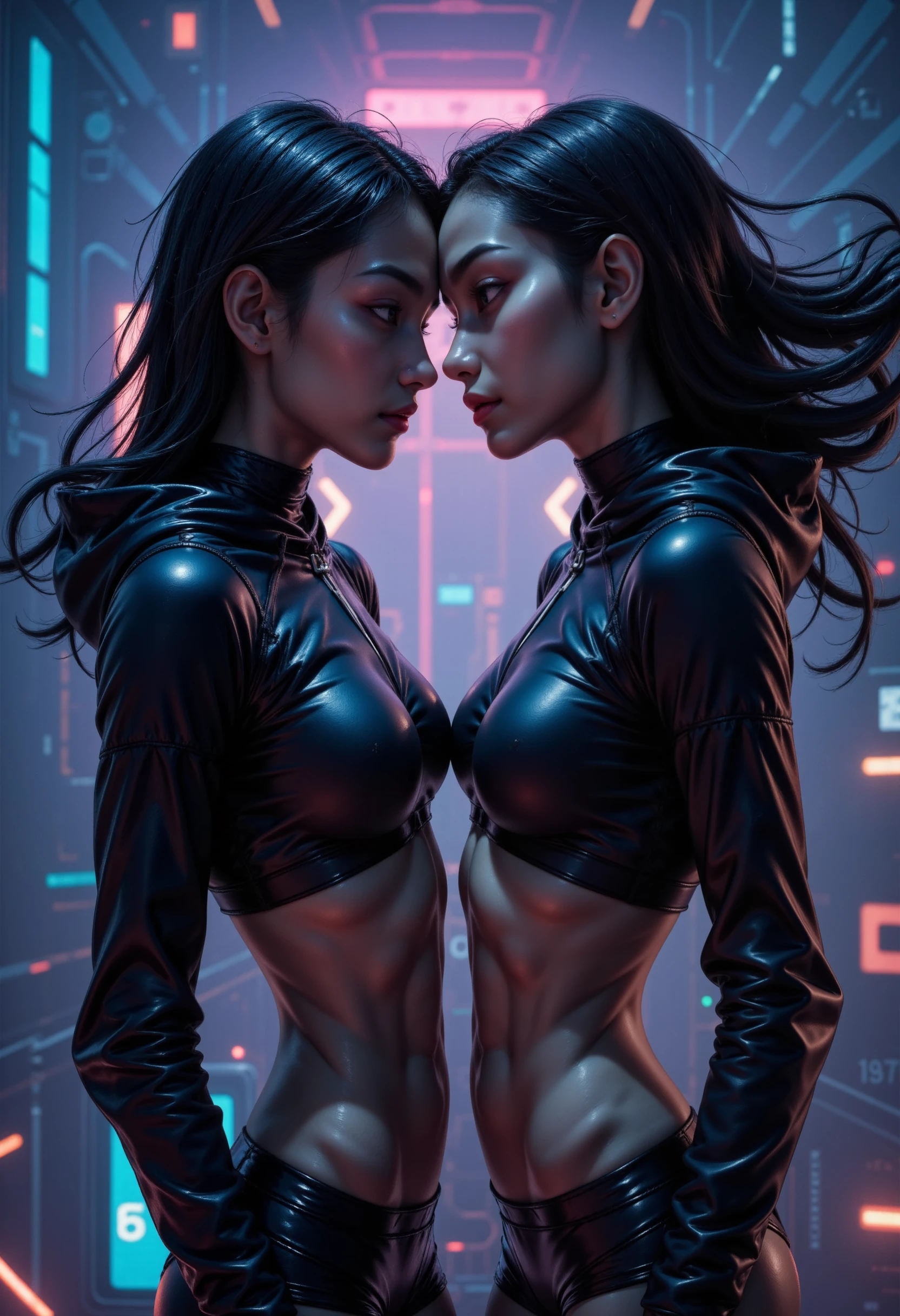 A highly detailed, photorealistic image of two models in a close, intimate pose, their faces almost merging as their long, dark hair twists and contorts unnaturally through the air, like tendrils with a life of their own. Both models are wearing futuristic, black cropped hoodies, underboob, with intricate, geometric patterns that pulse with soft neon lights. The hoodies cling to their forms, reflecting sharp, angular lines of light that seem to fracture their silhouettes.

The background is a distorted, swirling void of deep blues, purples, and glitchy static, as though reality itself is cracking and warping around them. Digital artifacts—fragments of broken code and holographic shapes—float through the air, flickering in and out of existence. The models' skin appears almost otherworldly, with faint metallic sheens as the lighting casts surreal, high-contrast shadows across their faces. Their hair, no longer merely windblown, seems to stretch and blend into the background, blurring the line between where they end and the digital chaos begins.

Their expressions are both serene and intense, their eyes glowing faintly, hinting at some hidden power or connection. The scene is a collision of raw emotion and cybernetic dystopia, a surreal blend of fashion and futuristic art where the models seem to exist in a reality-bending dream, caught between the digital and physical worlds. The atmosphere is edgy and dark, yet charged with a haunting, hypnotic energy