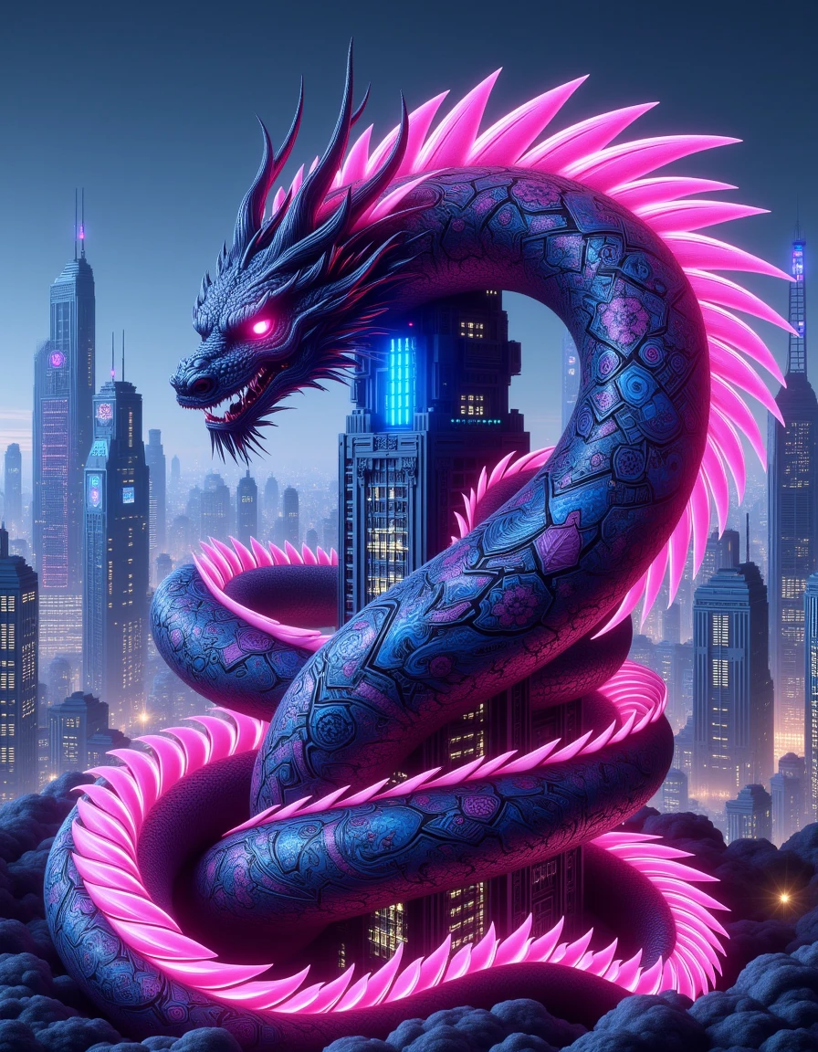 <lora:Irezumi_World_Flux:1> epirezumiworld, science fiction cyberpunk epirezumiworld serpentine dragon with neon pink glows on it's fur and and blue inner glow, coiled around a epirezumiworld sky scraper in a city with neon lights,