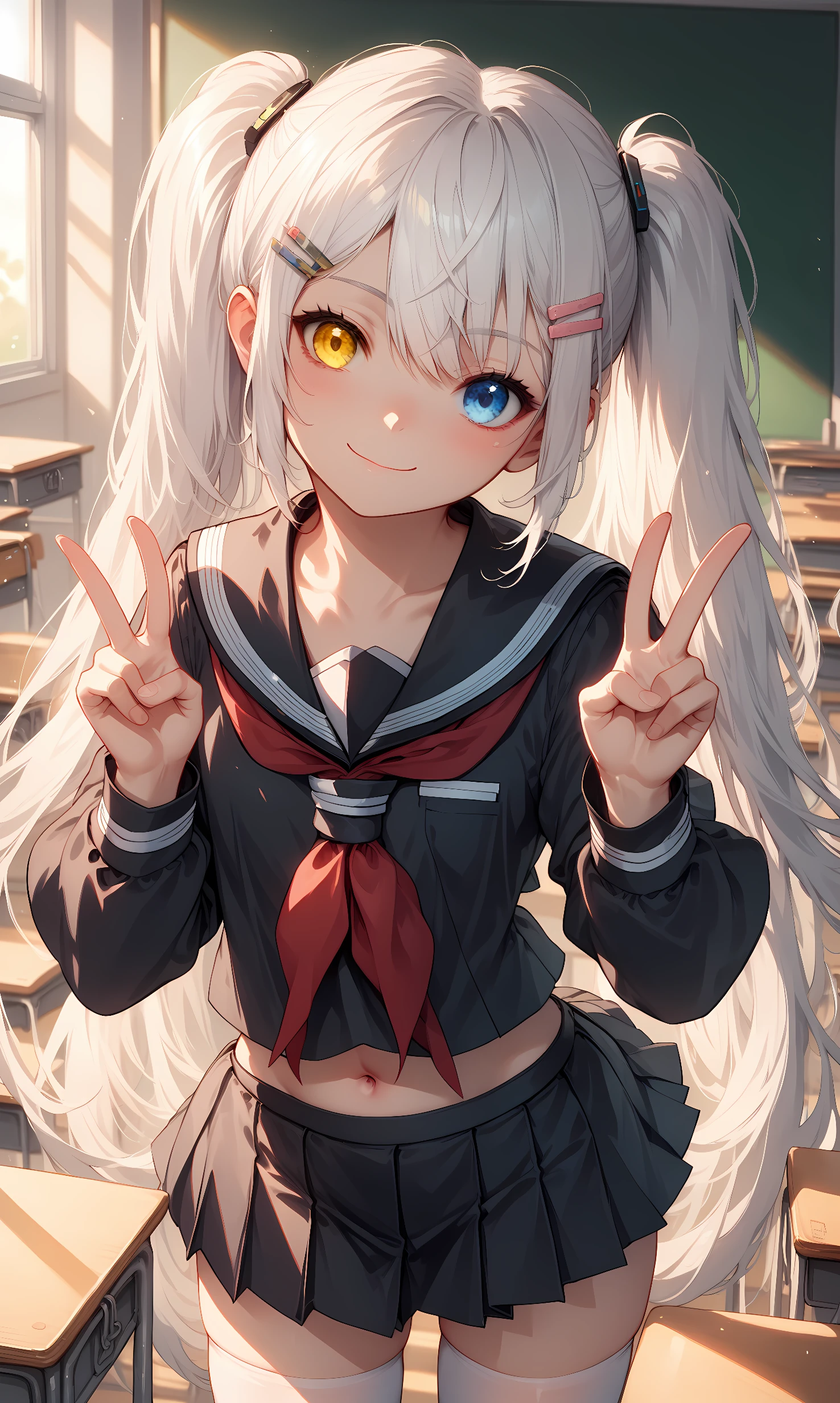 score_9, score_8_up, score_7_up, BREAK source_anime, 1girl, solo, indoors, classroom, cowboy shot, looking at viewer, scarxzys, white hair, absurdly long hair, twintails, blue eyes, yellow eyes, heterochromia, bangs, hair clip, school uniform, black shirt, black serafuku, red neckerchief, black skirt, pleated skirt, long sleeves, navel, white thighhighs, close-up, smile, closed mouth, leaning forward, double v, head tilt 