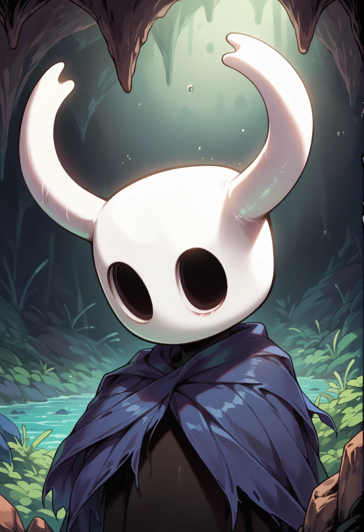 1other, knight_\(hollow_knight)\, horns, black skin, mask, hollow eyes, blue cloak, upper body, standing, cave, moss <lora:knight_hollow_knight:0.8>, score_9, score_8_up, score_7_up, score_6_up