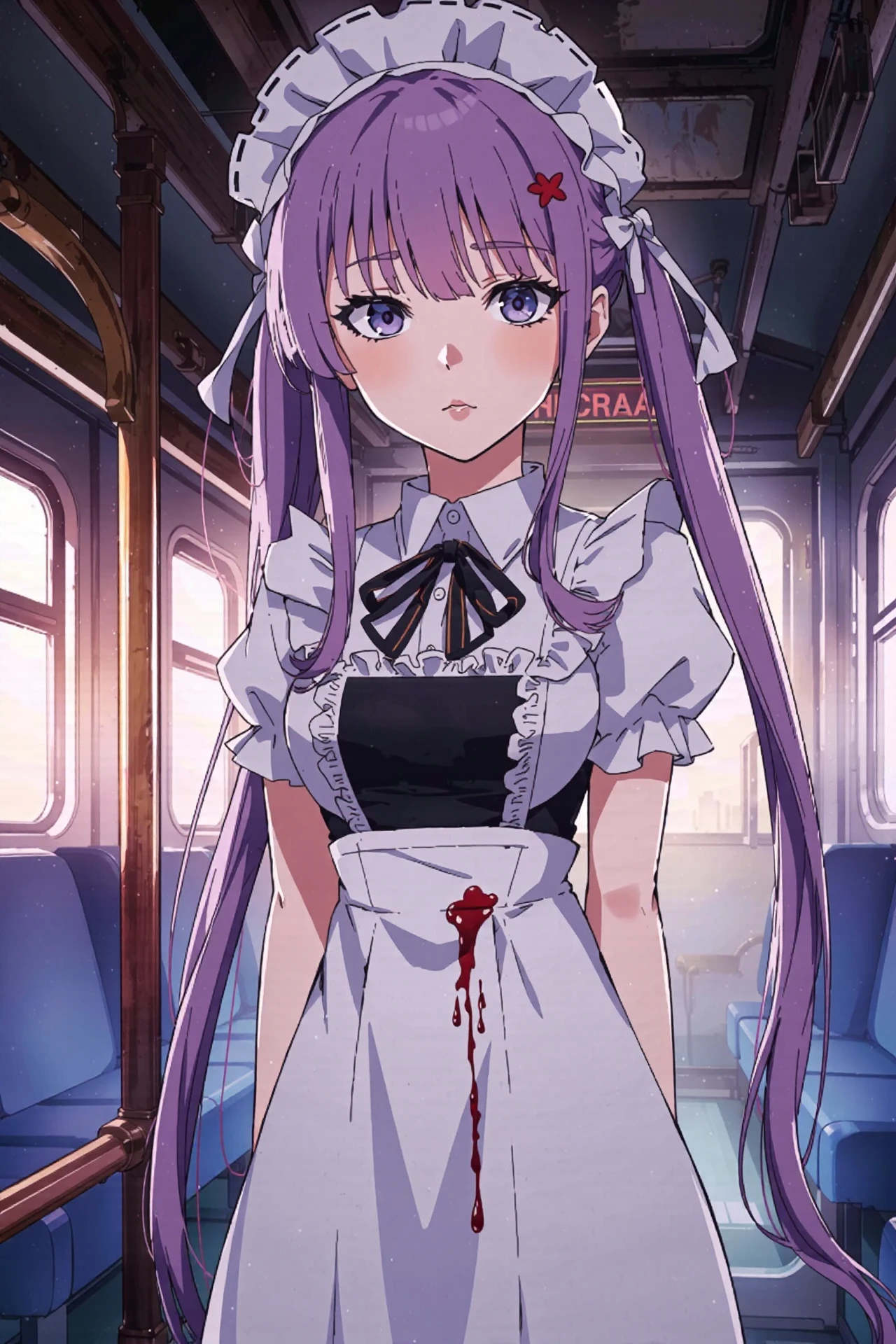 <lora:mistoonanime_flux:0.8>
inzaniak,1girl,solo,highres,absurdres,maid,10 4 \(10f0ur\),blood on clothes,zenless zone zero,very long hair,train interior,1girl,hair ribbon,corin wickes,maid headdress,hair between eyes,dress,long hair,blood on face,solo,twintails,frills,highres,blush,short sleeves,ribbon,looking at viewer,hair ornament,indoors,standing,blood,sweat