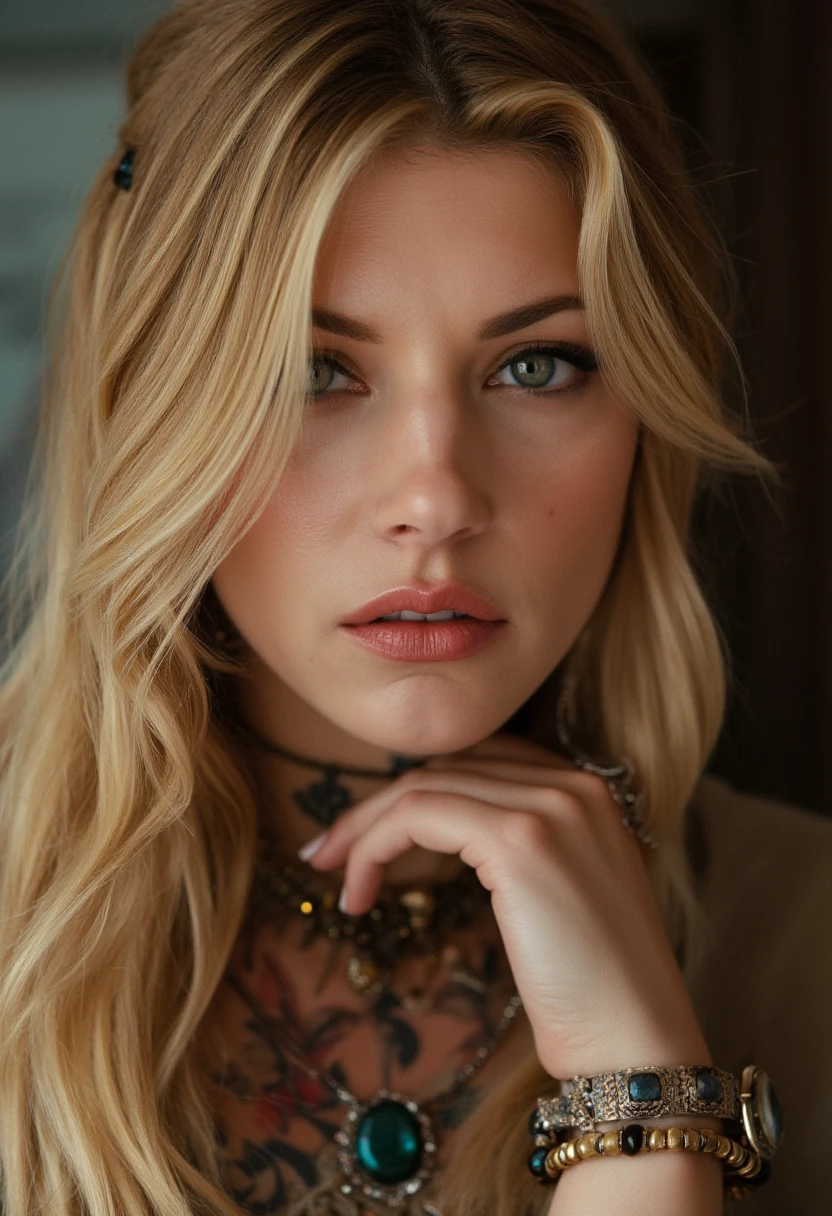 A hyperrealistic close-up portrait of katheryn winnick with long, sleek blonde hair cascading down her shoulders. Her facial features are strikingly defined, with expressive eyes and soft, natural skin texture. She is adorned with intricate and luxurious jewelry: ornate necklaces, layered bracelets, and dangling earrings with gemstones that catch the light. Her face and neck are decorated with beautiful, artistic tattoos featuring floral and geometric designs, blending seamlessly with her jewelry. The image is extremely detailed, capturing every strand of hair, the glint of metal, and the texture of her tattoos with lifelike precision