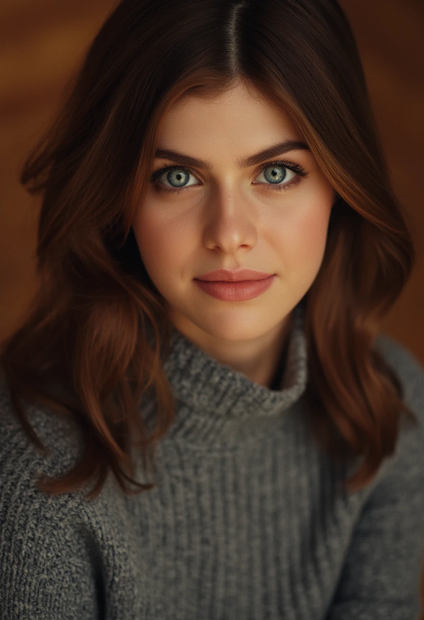 alexandra daddario is captured in a professional close-up portrait indoors, wearing a cozy grey turtleneck sweater. The lighting is warm and softly diffused, highlighting her features and creating a gentle glow on her face. The background is a neutral, blurred tone, allowing her vibrant hair and expressive eyes to stand out. Her expression is relaxed and inviting, with a slight smile that brings warmth and elegance to the image