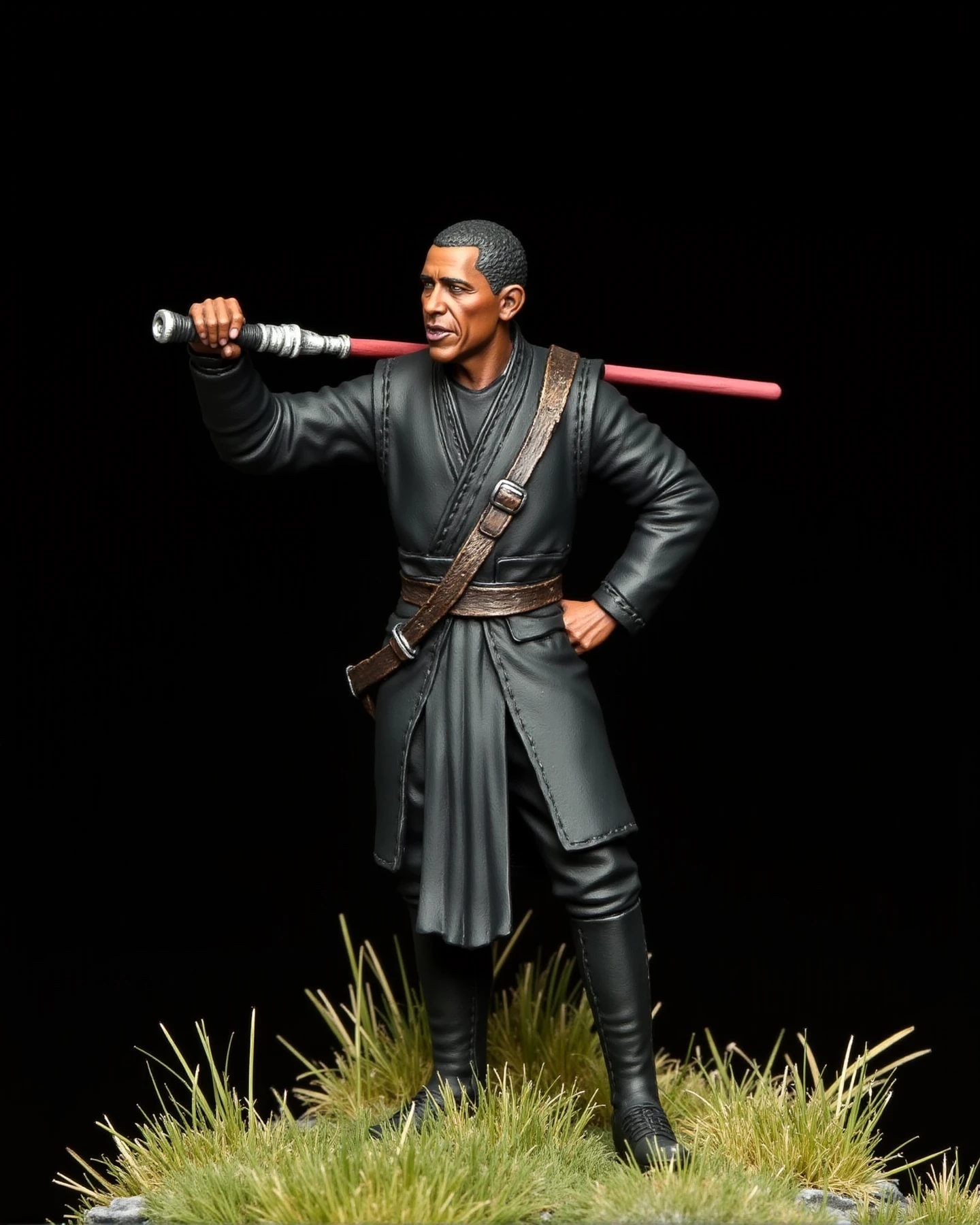 RAW Photo of an Handpainted Miniature of Barack Obama as a Jedi Master, on a grass diorama. Fullbody. In front of a black background.