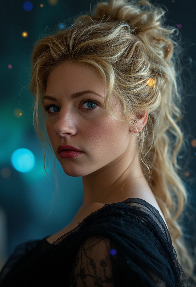 highly detailed photorealistic photography of (katheryn winnick), complex composition, woman with blonde hair, blue eyes, intricate hairstyle, black dress, glowing background, exaggerated background details, vibrant colors, intricate textures, dynamic lighting, whimsical and magical atmosphere, very detailed and complex skin texture, best quality skin texture