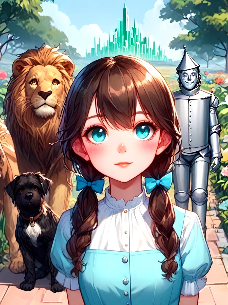 source_anime, oz, dorothy gale, brown hair, blue dress, miniskirt, silver shoes, cowardly lion, black toto, the scarecrow, tin man, looking at viewer, full body, upper body, close-up, emerald city in distance, <lora:girllikewizardofoz_pony:1>