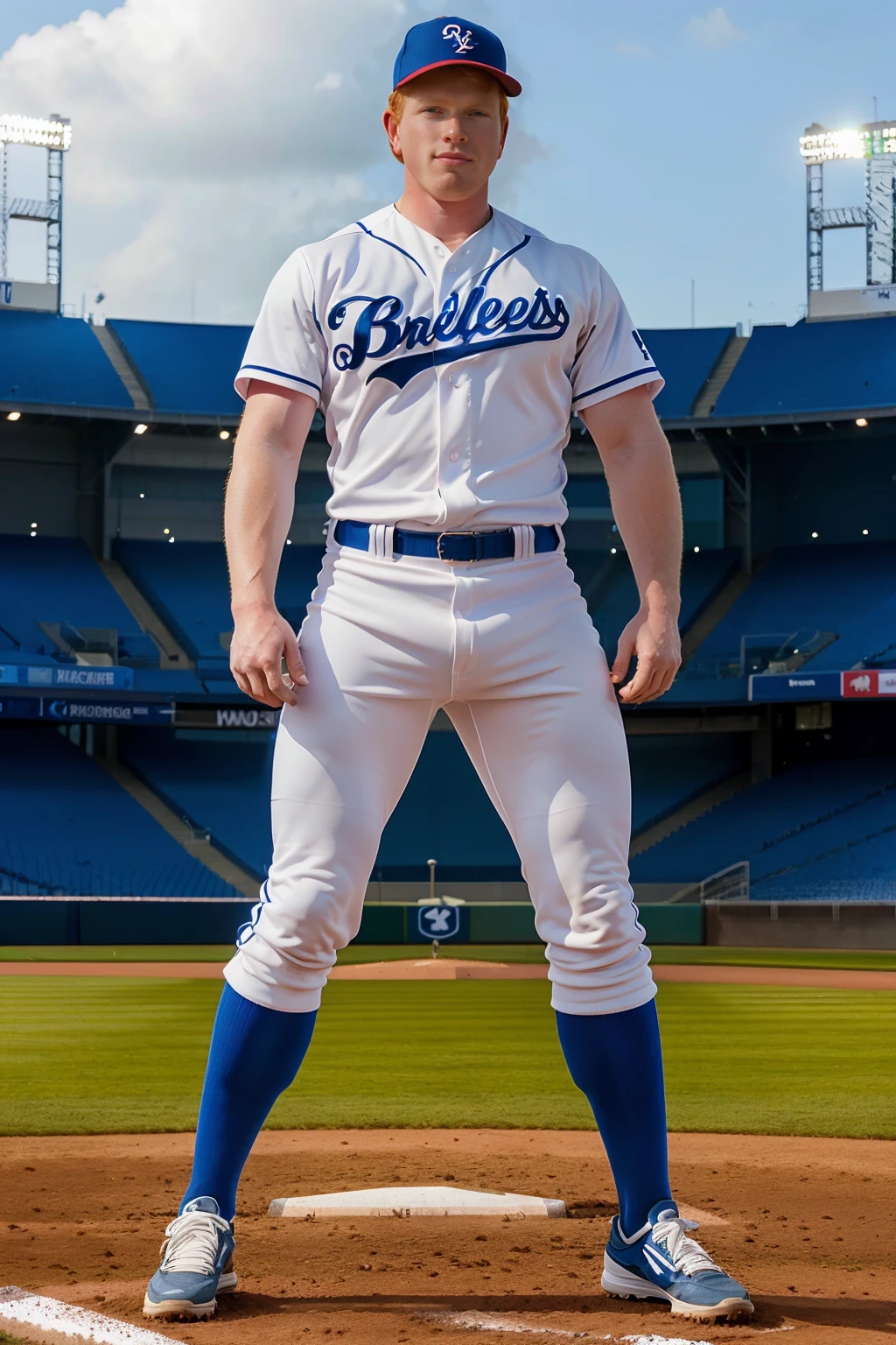 evening, stadium lighting, outdoor baseball field, standing, ginger hair, KyleConnors is a baseballplayer, wearing white and blue baseball uniform, (white jersey), (white pants), (blue socks), blue baseball cap, holding bat, (((full body portrait))), wide angle <lora:KyleConnors:0.8>   <lora:Clothing - Sexy Baseball Player:0.60>