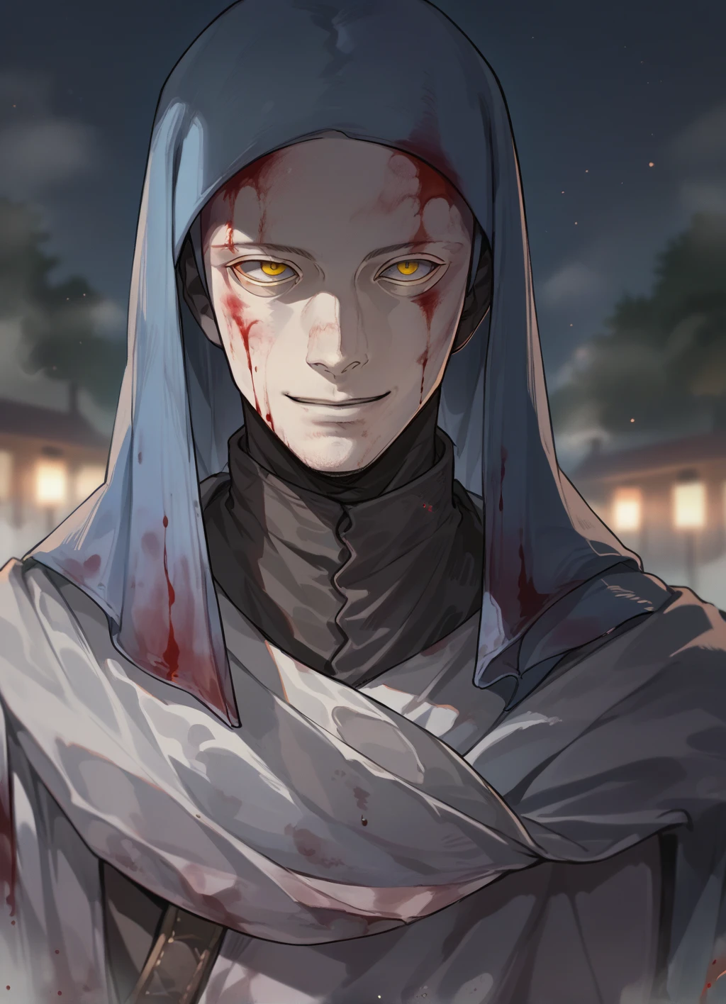 score_9, score_8_up, score_7_up, source_anime, 1boy, smile, night, upper body,blurred background, (fog:1.2),blood, solo, white-faced_varre, mask, hood, yellow eyes, <lora:white-faced_varre:0.9>