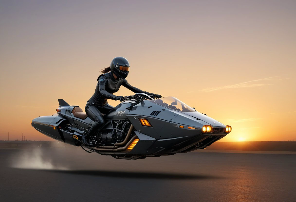 sci-fi, cyberpunk, vehicle, hover_bike, pilot, sunset, soft lighting, Hovering motorcycle, wheelless motorcycle, no wheels, after burner, jet propulsion,