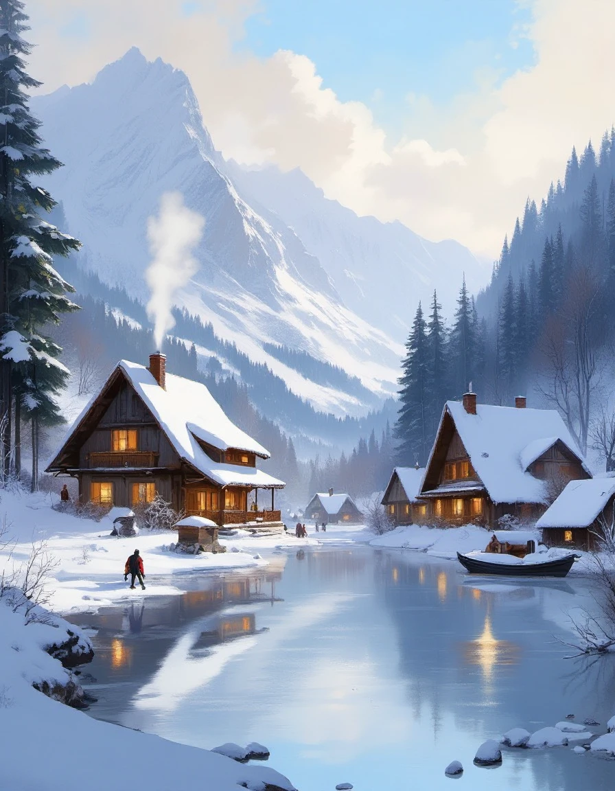 digital painting of a serene mountain village in winter: Snow-covered cottages with smoke rising from chimneys, villagers in warm clothing going about their daily activities, and a frozen lake reflecting the surrounding pine trees and mountains.