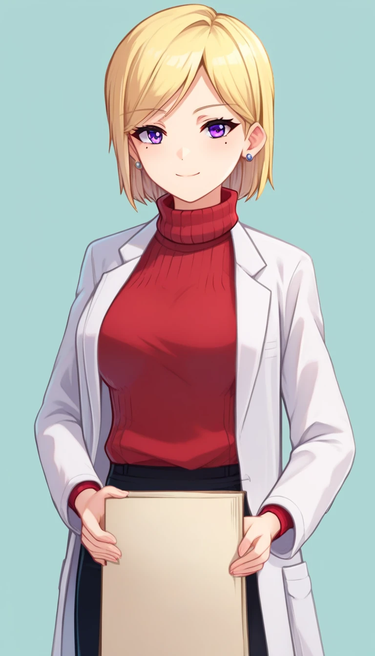 embedding:zPDXL2 ,source_anime,rating safe,looking at viewer,Yukari, 1girl, solo, lab coat, purple eyes,blonde hair, smile, sweater,red sweater, mole, mole under eye, medium breasts,turtleneck,stud earrings,pencil skirt,cowboy_shot, 
