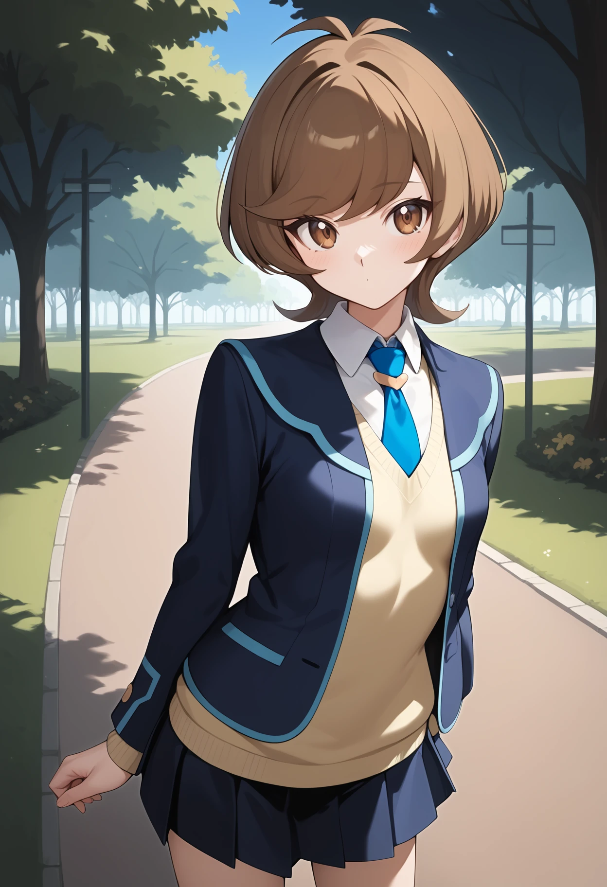 score_9, score_8_up, score_7_up, score_6_up, score_5_up, score_4_up, source_anime, aaaoi, short hair, brown hair, brown eyes, small breasts, school uniform, blue necktie, blazer, blue jacket, yellow sweater, long sleeves, pleated skirt, black skirt, <lora:zaizen_aoi_ponyxl_v1:0.9>, standing, cowboy shot, park