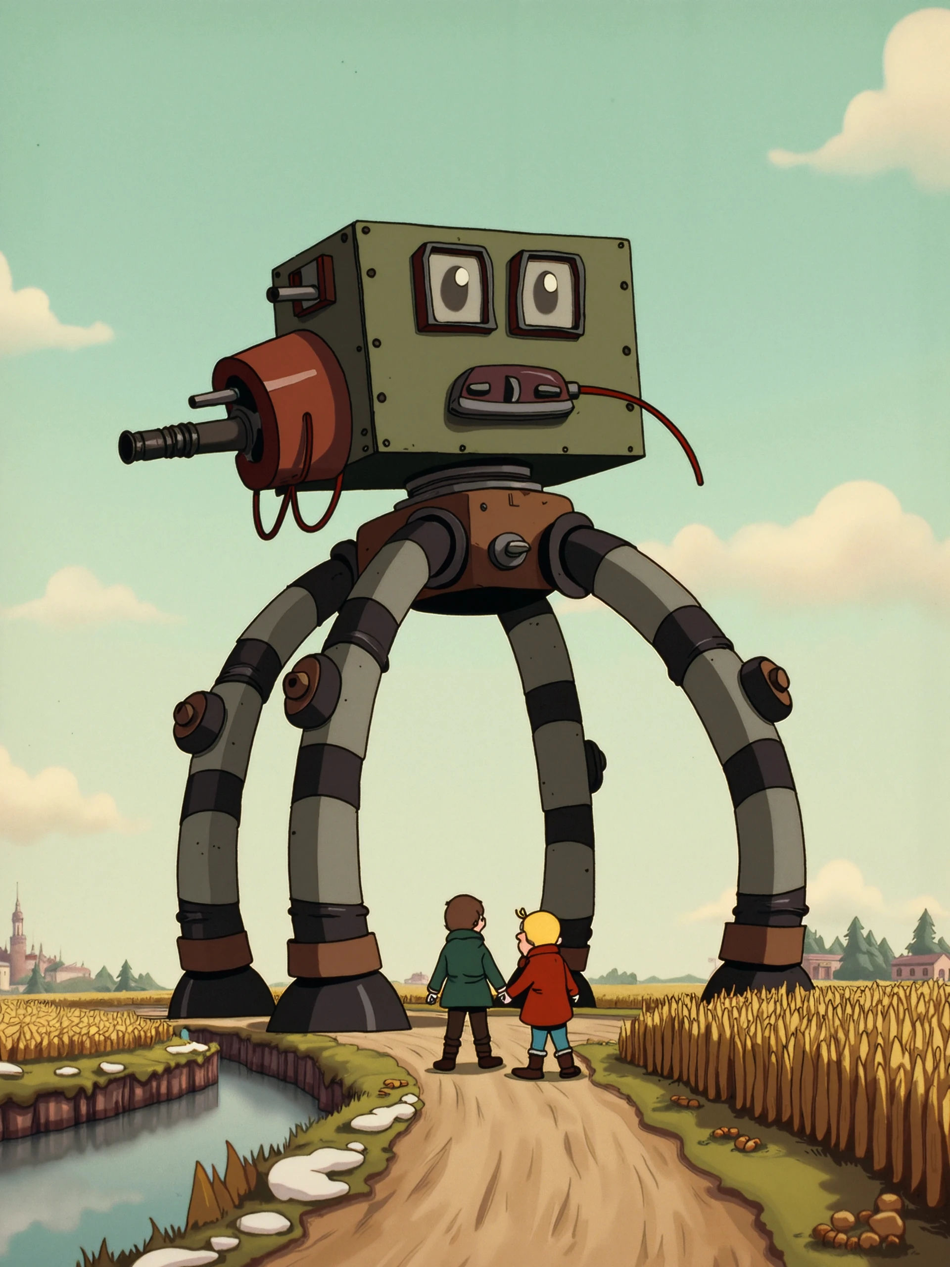 RU883R style, soviet traditional children rear view walking next to a crop field, a dirt trail, a river, some snow patches on the ground, early winter, at a distance stands an old rusty broken giant mechanical quadripedal feet war machine with wires hanging and a artillery canon and green paint, bulky body, inspired by Jakub Rozalski. Vintage 1920s cartoon.