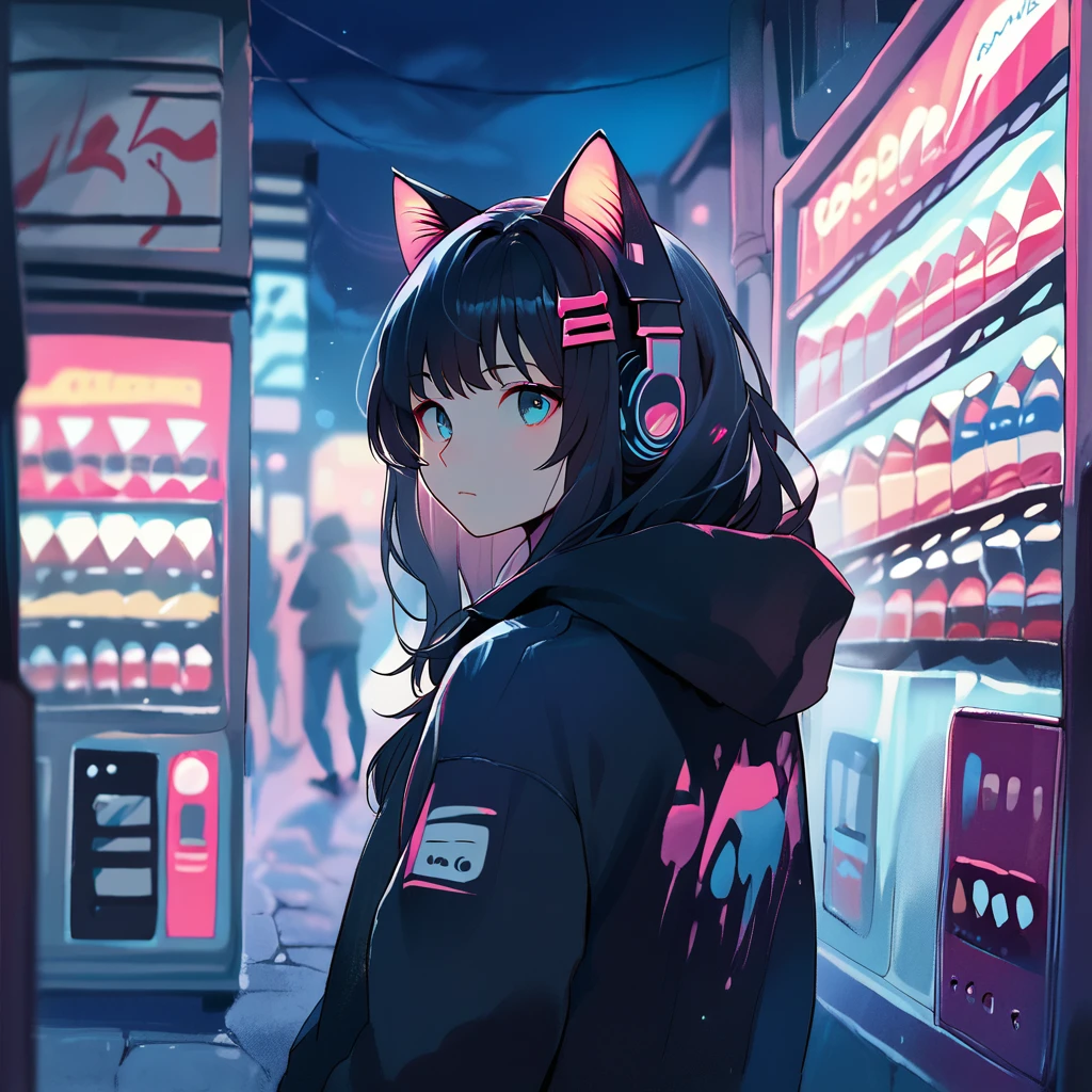 score_9,score_8_up,score_7_up,
LowKeyLights_v2, 1girl,solo,long hair,looking at viewer,bangs,blue eyes,black hair,hair ornament,animal ears,closed mouth,jacket,upper body,outdoors,hairclip,looking back,cat ears,hood,blurry,hoodie,night,blurry background,headphones,hood down,hooded jacket,black hoodie,vending machine,neon lights
<lora:low-key_lights_v2_pony:0.8>