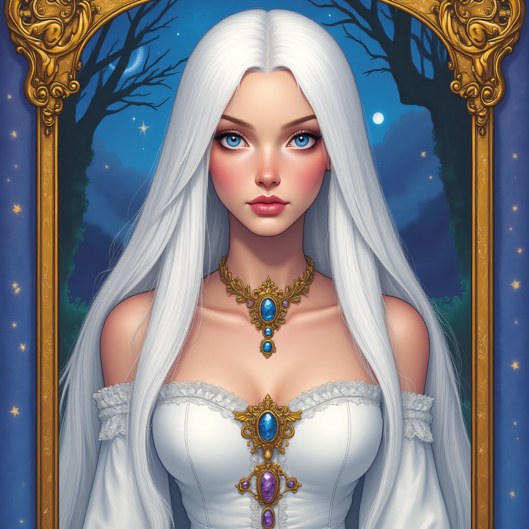 ArsMJStyle, Wonderland, The White Queen, The image shows a woman with long white hair wearing a white dress and a necklace standing in front of a frame with trees and stars in the background., 1girl, jewelry, solo, long hair, blue eyes, white hair, necklace, freckles, moon, looking at viewer, dress, full body, collarbone, makeup, lips