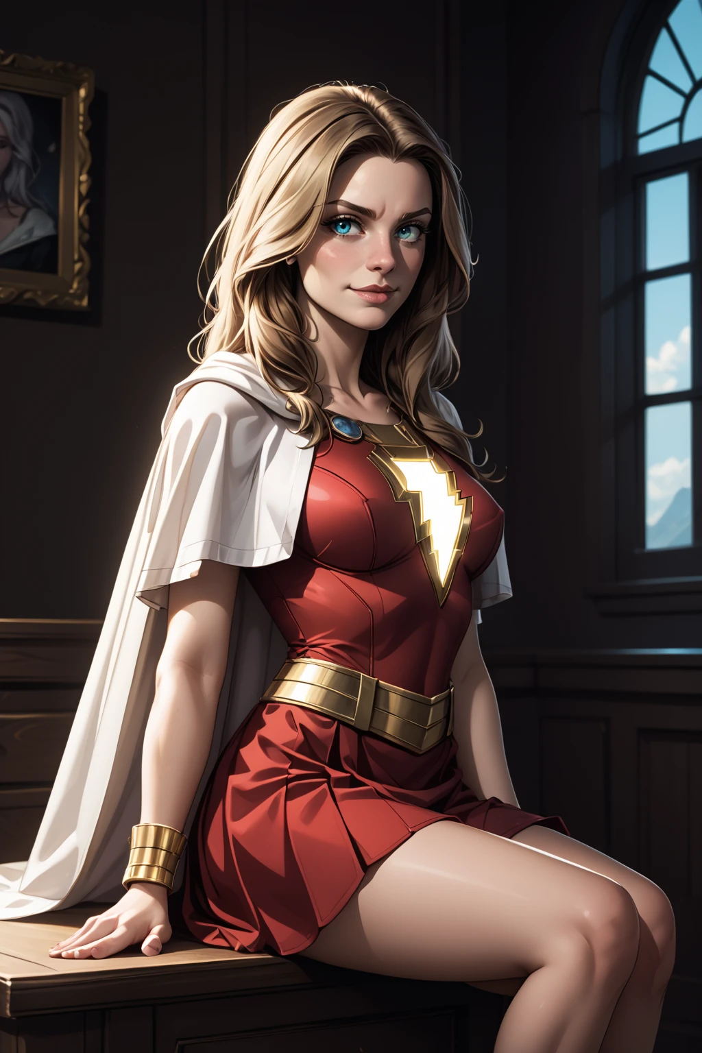 <lora:Mary_Marvel_PDXL_spamb0t:0.8>,DC_Comics_Mary_Marvel BREAK brown hair BREAK red skirt BREAK white cape
BREAK flirty,playful,sultry,seductive,sexually suggestive,sitting on edge, legs crossed BREAK profile shot, medium shot BREAK one eyebrow arched in a flirtatious manner, accompanied by a sly smile
BREAK high quality,film grain,cinematic lighting,volumetric lighting,modeling shoot BREAK (hyper detail,insanely detailed,best quality,masterpiece,photorealistic:1.3)