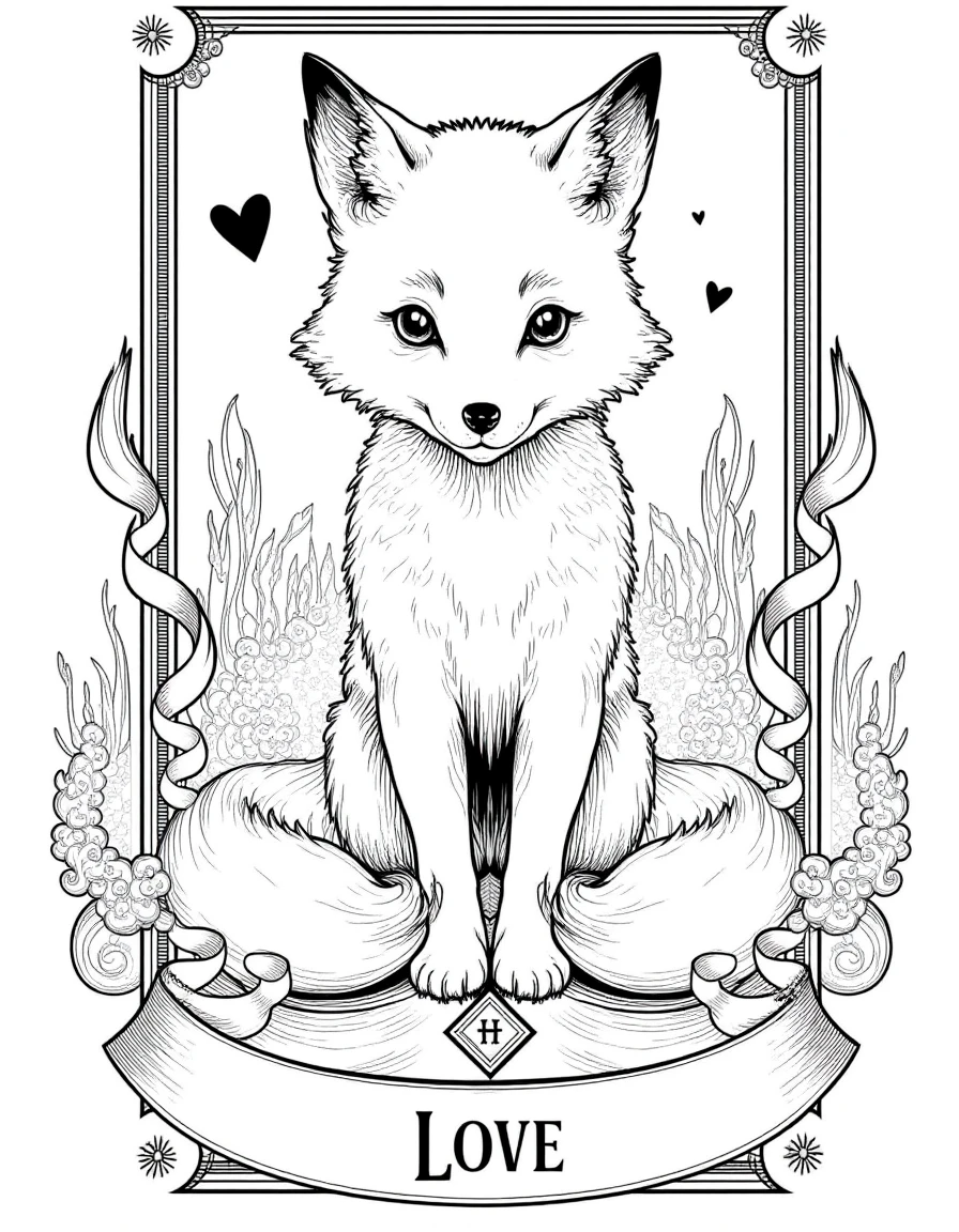 A fox in the style of Taroo, black and white, a text saying "love", tarot card