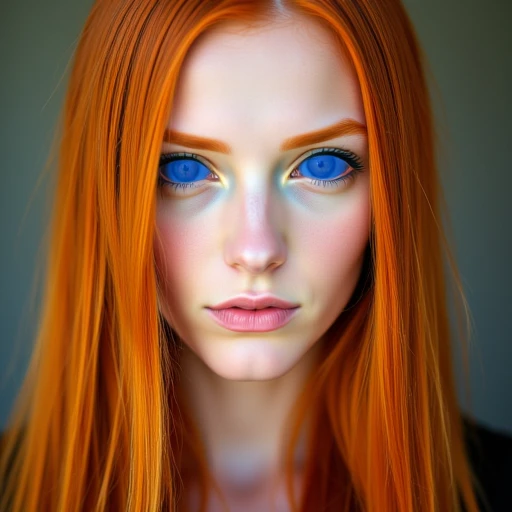 Photographic portrait of a beautiful irish woman with tinted blue eyes, blue sclera, long straight orange hair.