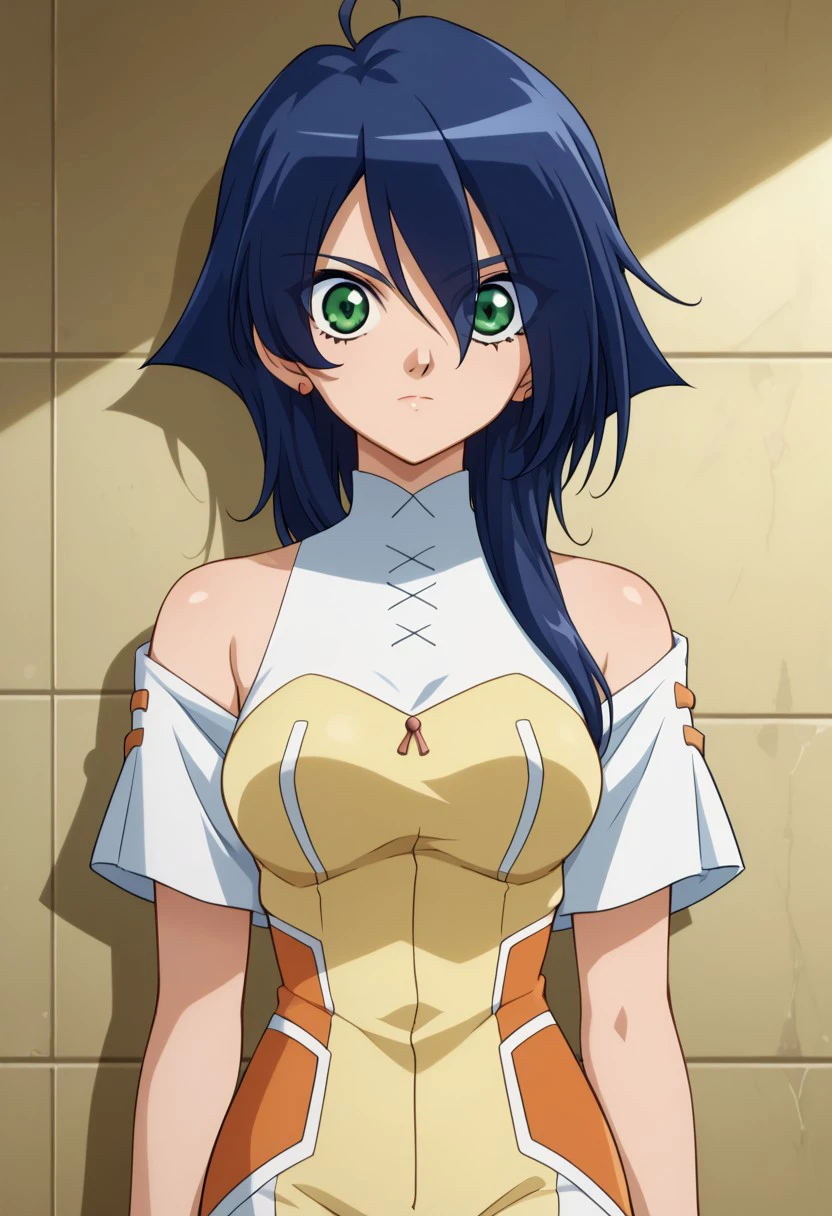 score 9, score 8 up, score 7 up, bakugan, bakugan gundalian invaders, fabia sheen, 1girl, solo, blue hair, green eyes, looking at viewer, eyes visible through hair, ahoge, breasts, long hair, closed mouth, upper body