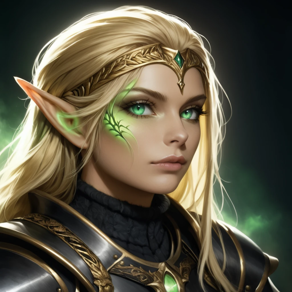 (masterpiece, best quality, highly detailed, realistic), western, 2.5d, realistic, profile portrait of gigmod as an elf, long bushy blond hair, looking at the viewer, (wearing black and gold knight armor:1.2), close up, pointy ears, ((colored sclera, green eyes, glowing eyes)), no pupils, side view
 <lora:Giger_Model_SDXL:1>