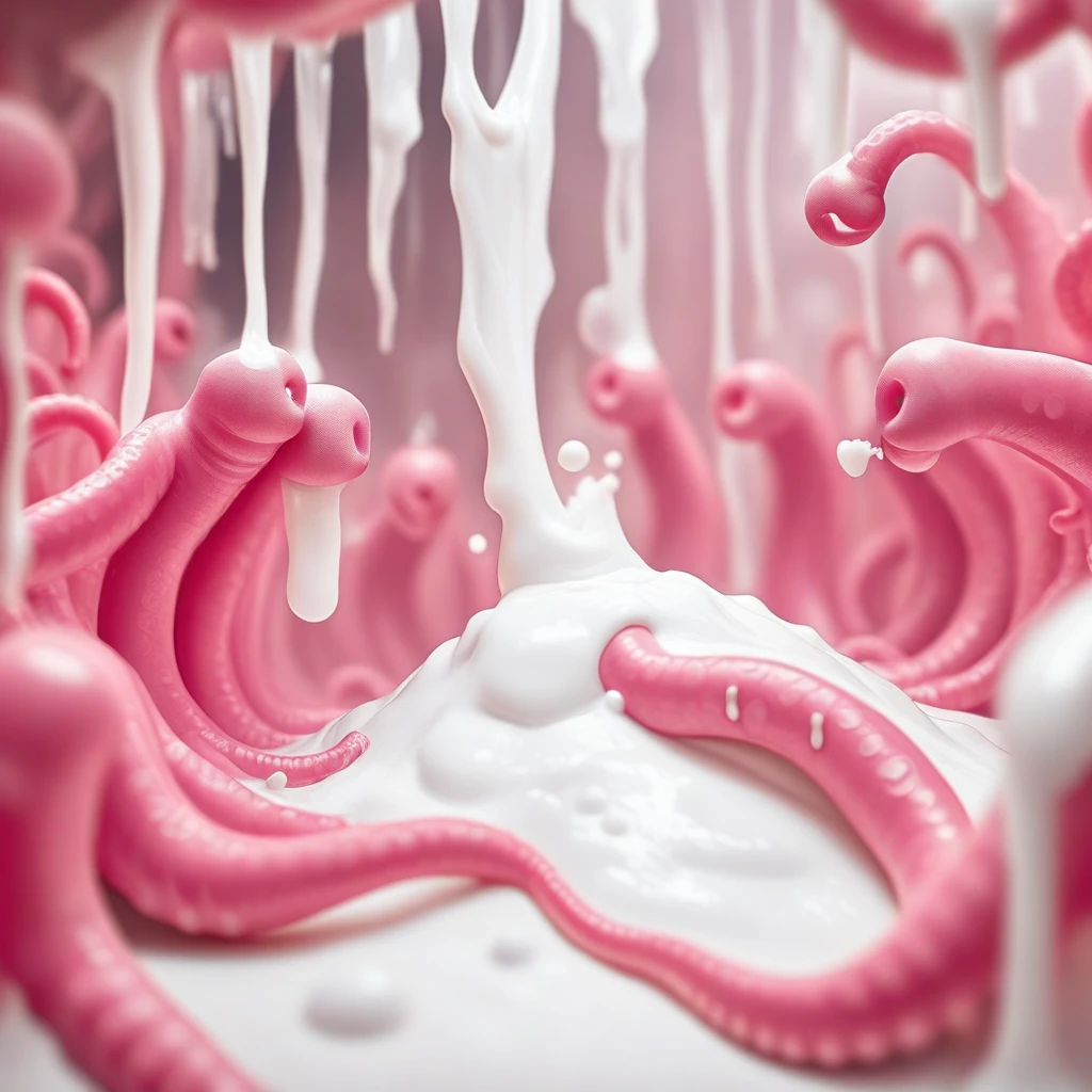 pink, slime (substance), barefoot, restrained, blurry background, close-up, long hair, multiple girls, no humans, heart, tentacle sex, open mouth, 6+others, blurry