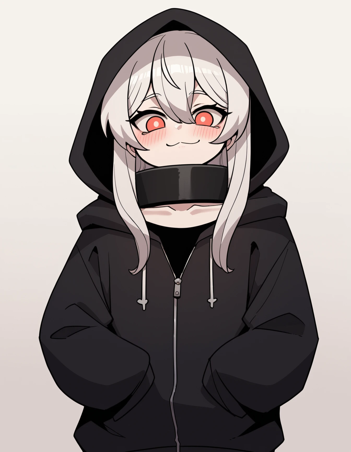 zPDXL2, score_9, score_8_up, score_7_up,
1girl, , solo, <lora:LiebePony:1> LiebeHouse, child, white hair, red eyes,long hair, slave metal collar, flat chest
oversized clothes, black hoodie, t-shirt, closed hoodie, zipper, hood down, long sleeves,
standing, pease, smug, blushing