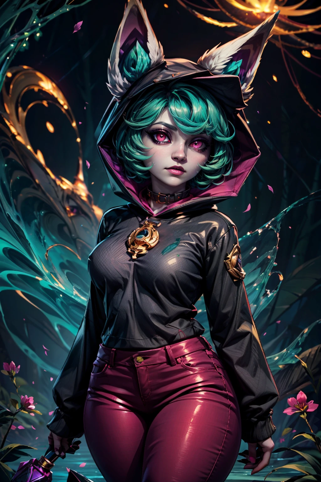 (ultra realistic,32k, masterpiece:1.2),(high detailed skin:1.1),( high quality:1.1), BREAK,   <lora:Vex_LeagueOfLegends:0.7>,  zzVex, yordle, shortstack, pink eyes, green hair, bangs, short hair, grey skin, colored skin, black hood, hood up, ears through headwear, white animal ears, black shirt, purple collar, golden ornament, long sleeves, sleeves past wrists, purple pants,   poisonous swamp background, abstract poison theme,  BREAK,  blooming stars, luminescent petals, otherworldly fragrance blurry background, (looking at viewer, standing:1.1), huge breast, large breast, <lora:add_detail:0.92>, (glowwave:1.1),