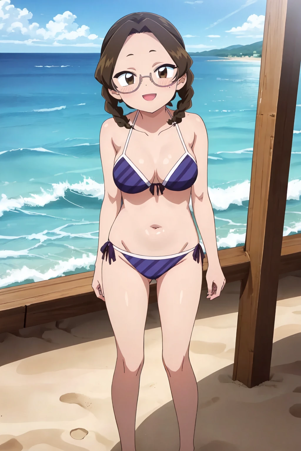 masutepiece, Best Quality:1.2),Detailed face, Detailed inner corner of the eye、eye glasses、afro、short-haired、Very short hair、Fetishes、Curly hair、Forehead、Large breasts, sexy big ace mail, Overall, swim wears、frilld、bow ribbon