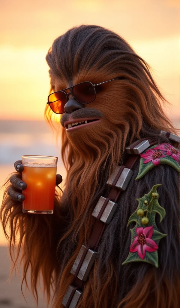 chewbacca wears sunglasses and a Hawaiian floral shirt. he is having a cocktail on the beach at sunset. furry fingers <lora:Chewbacca:0.8>