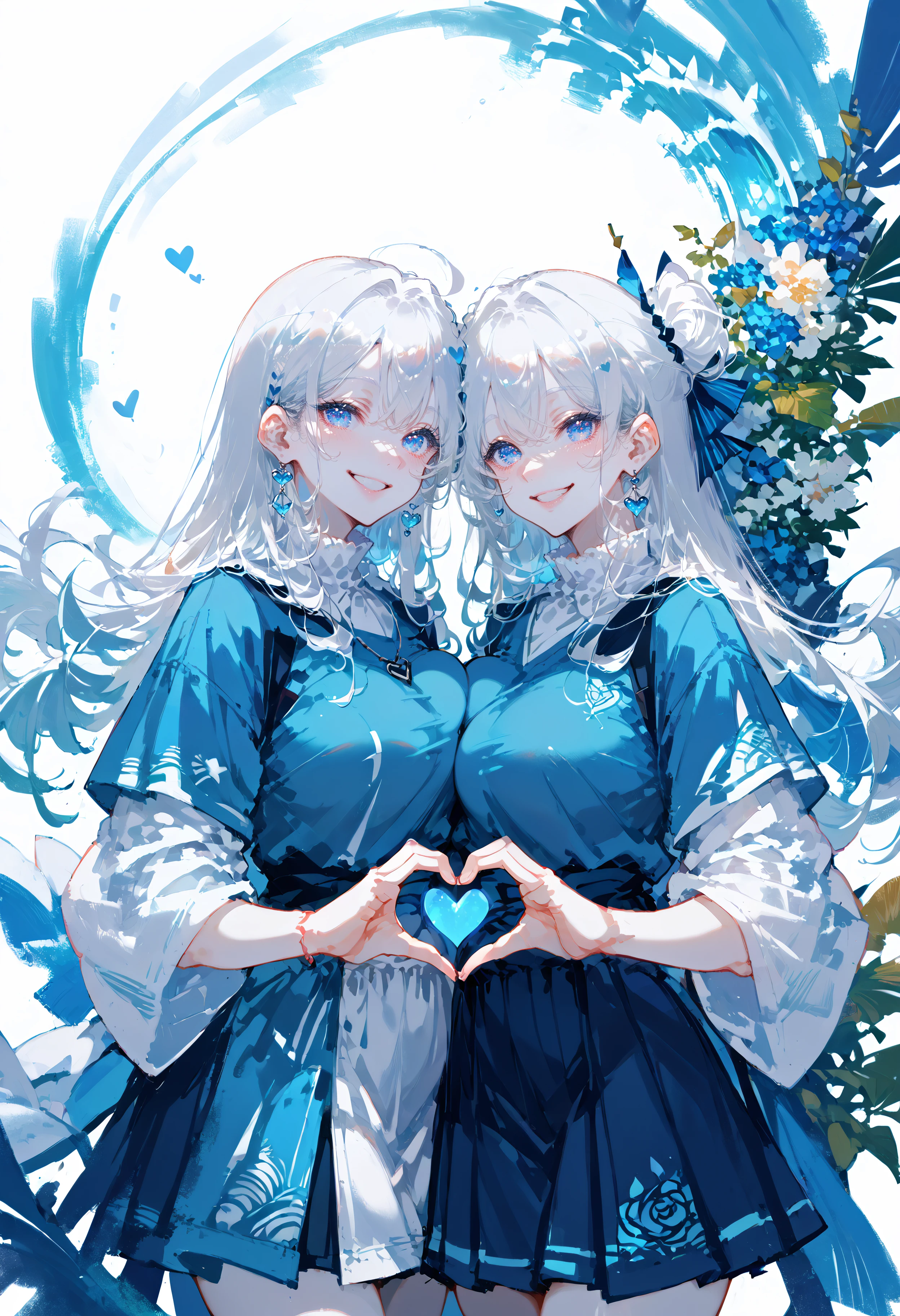 score_9, score_8_up, score_7_up, best quality, source_anime BREAK, 2girls, twins, heart hands duo, white background, large breasts, smile, pale skin, large breasts, blue eyes, looking at viewer, white hair, long hair, <lora:PastelMix:1>