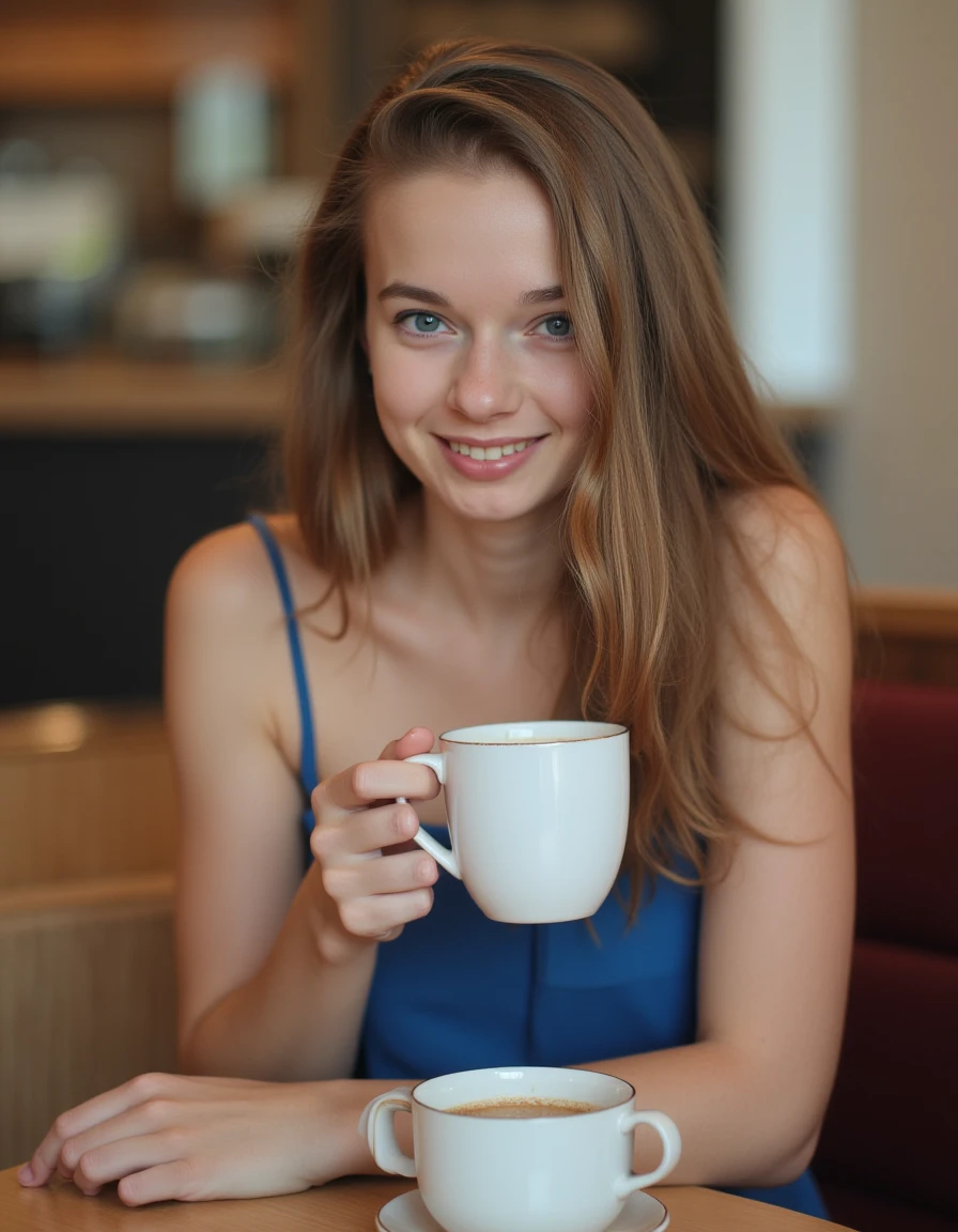 <lora:Milena_Angel_FLux:1>  realistic photo of  petite, brunette, blue eyes, solo,  wearing a blue dress, sitting in a cafe having a coffee, smiling, looking at viewer.