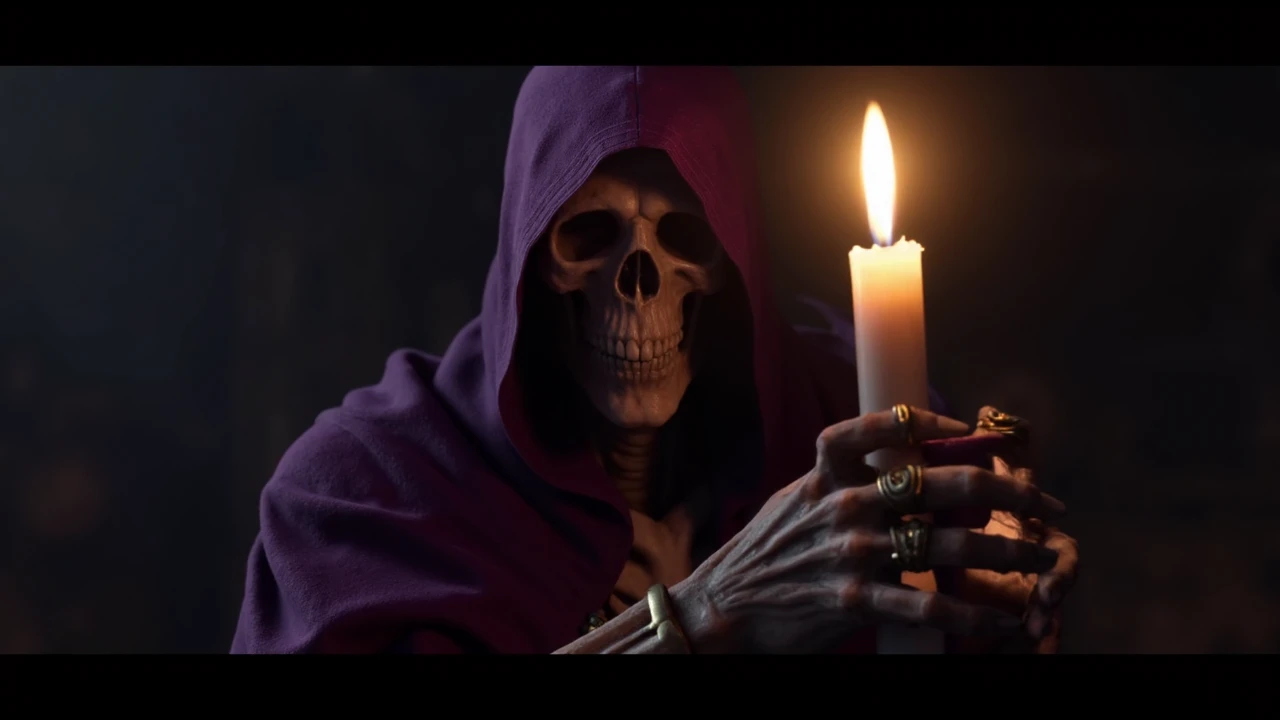 wrcrftcnmtc, cinemtaic, letterboxed game trailer frame, dark moody portrayal of a skeletal figure draped in a purple hooded cloak holding a lit candle. The figure's face is obscured by the hood revealing a skull-like visage. The hand of the figure is intricately detailed with visible veins and wrinkles and is adorned with a ring. The candle emits a soft warm glow illuminating the figure's hands and the surrounding darkness. The color palette is dominated by deep purples blacks and the stark contrast of the pale yellow of the candlelight against the deep reds and blacks of the cloak and the figure's skin, dark fantasy. <lora:sxz-Warcraft-Cinematic-Flux:1>