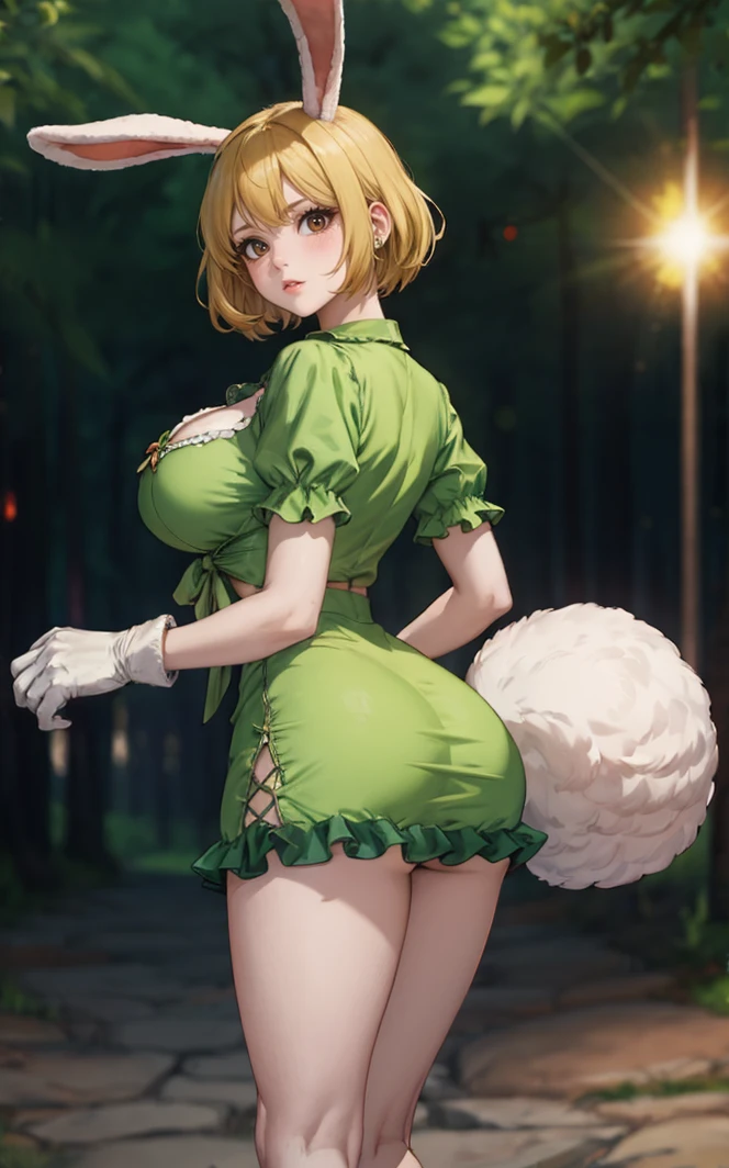 outdoors, lens flare, depth of field, bokeh, vanishing point, solo, looking at viewer, BREAK ((masterpiece, best quality)), 
GreenDress_Carrot_ownwaifu,
1girl, blonde hair, rabbit girl, short hair, furry female, rabbit tail, animal ears, brown eyes, rabbit ears, large breasts, animal nose, body fur, white fur, colored skin,
green dress, puffy short sleeves, cleavage, green skirt, bow, collarbone, white gloves, frills, green shirt, short dress,
(contrapposto, looking back)<lora:ONEPIECE_Carrot_ownwaifu:0.7>, 
 insaneres, absurdres,