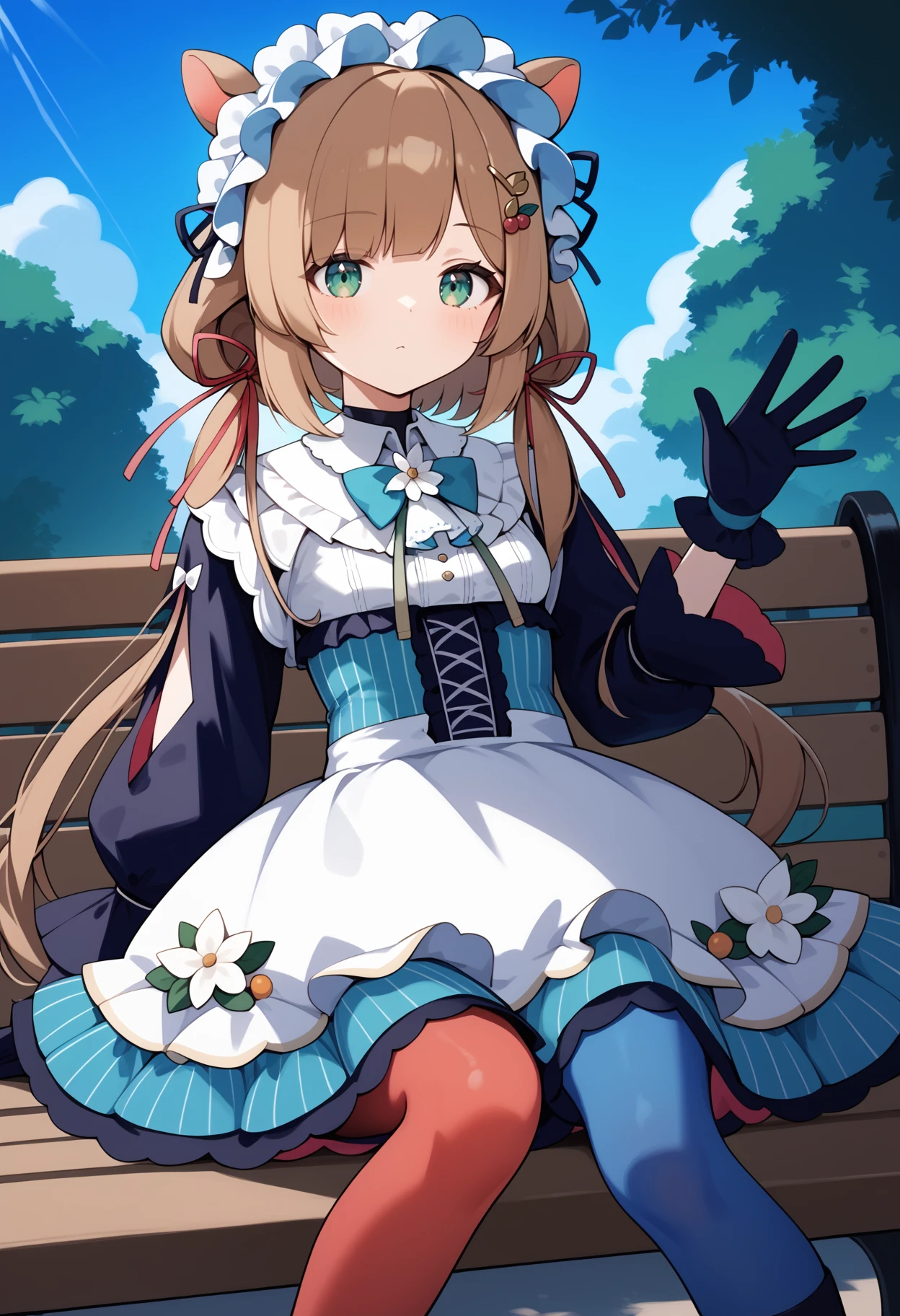 score_9, score_8_up, score_7_up, score_6_up, score_5_up, score_4_up, source_anime, aaeli, long hair, brown hair, low twintails, animal ears, headdress, hair ornament, green eyes, small breasts, aqua bowtie, frills, layered dress, white dress, black sleeves, black gloves, corset, asymmetrical legwear, blue pantyhose, red pantyhose, <lora:eli_conifer_ponyxl_v1:0.9>, outdoors, sitting, bench, waving, expressionless,