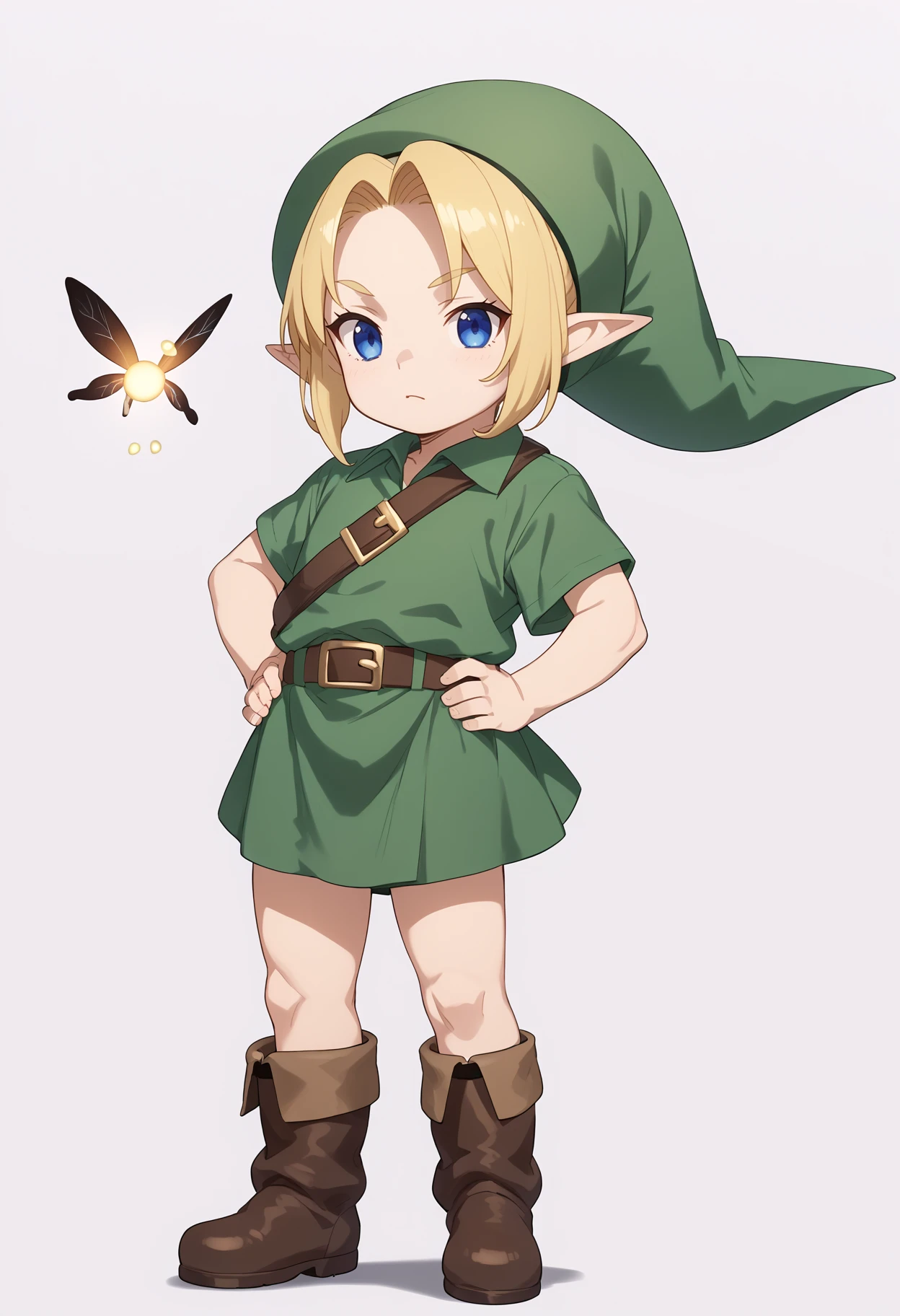 score_9, score_8_up, score_7_up, BREAK,
1boy, younglink, blonde hair, blue eyes,
hat, pointy ears, green tunic, boots,
looking at fairy, hands on hips,
standing, simple background, white background   <lora:YoungLinkXL:1>