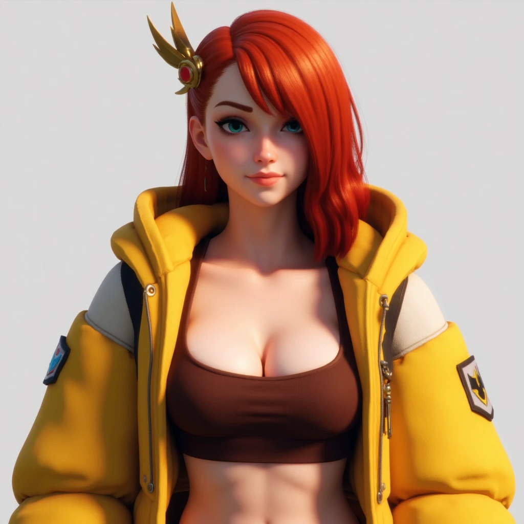 Highly detailed, digitally-rendered CGI artwork of minaylemhr with red hair. She wears a yellow,, high-collared jacket with a brown, form-fitting crop top underneath, revealing her ample cleavage.