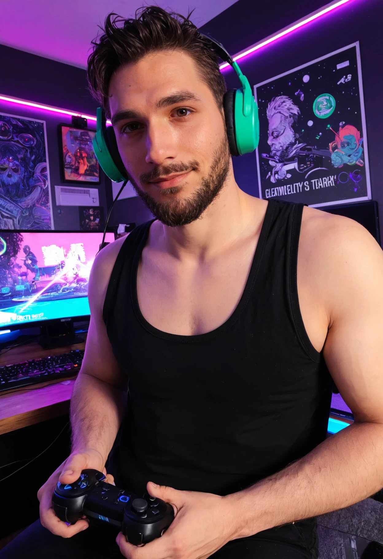 photo of a man, ,beard, frontview,twitch streamer playing video games on his pc, holding controller, fisheye, (smirk:0.7), ear phones, cut-off tank tops, streamer bedroom, ((neon lights)), realistic, highly detailed, intricate details, detailed background, depth of field ,  <lora:Mitch_Burns_SDXL:.9>