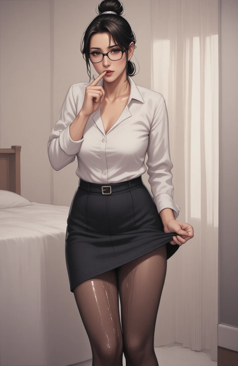 (solo:1.4), masterpiece, best quality,
douki-chan, office lady, blue shirt, high-waist skirt, pencil skirt, miniskirt, (black pantyhose), jewelry, earrings, high heels,
(full body:1.2), clothed,
standing, holding book, holding pencil,
nice angle, 
((cummng self)) wet pussy juices all over the body, trembling