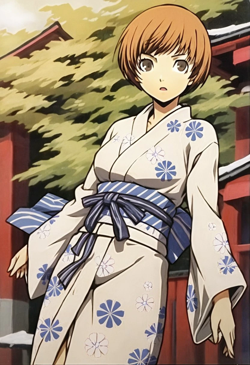 Satonaka Chie, 1girl, solo, short hair, brown hair, brown eyes, japanese clothes, white kimono, yukata,