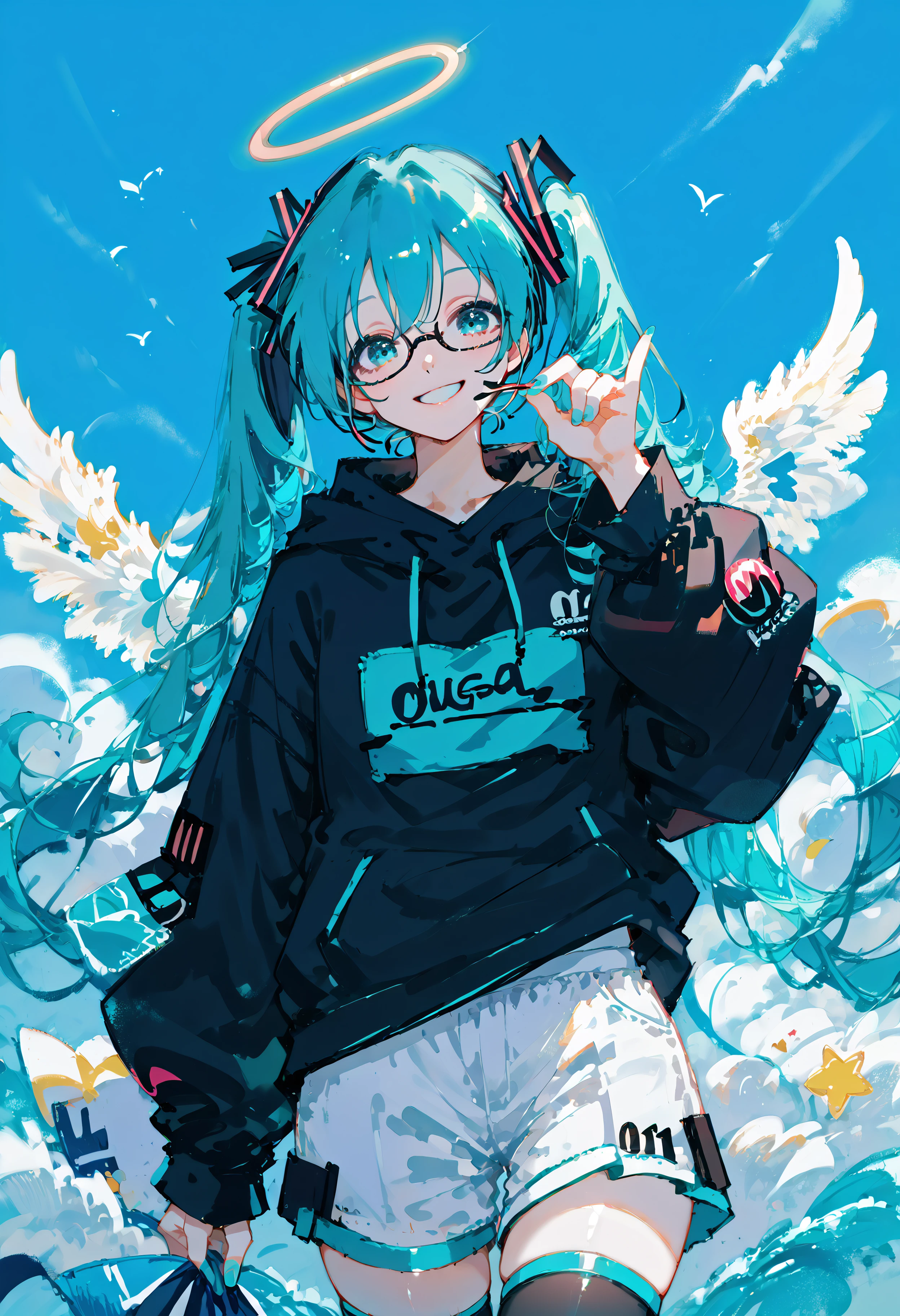 score_9, score_8_up, score_7_up, best quality, source_anime BREAK, 1girl, hatsune miku, halo, holding, smile, glasses, twintails, angel wings, looking at viewer, black thighhighs, black hoodie, cowboy shot, hood, blue sky, aqua eyes, aqua hair, long sleeves, white shorts, shirt, nail polish, bespectacled, feathered wings, 39, <lora:PastelMix:1>