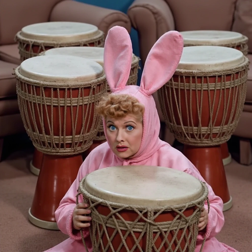 a realistic color photo of 1LuvLucy who is hiding in front of three large congo drums with a worried look on her face. She is wearing a pink bunny costume