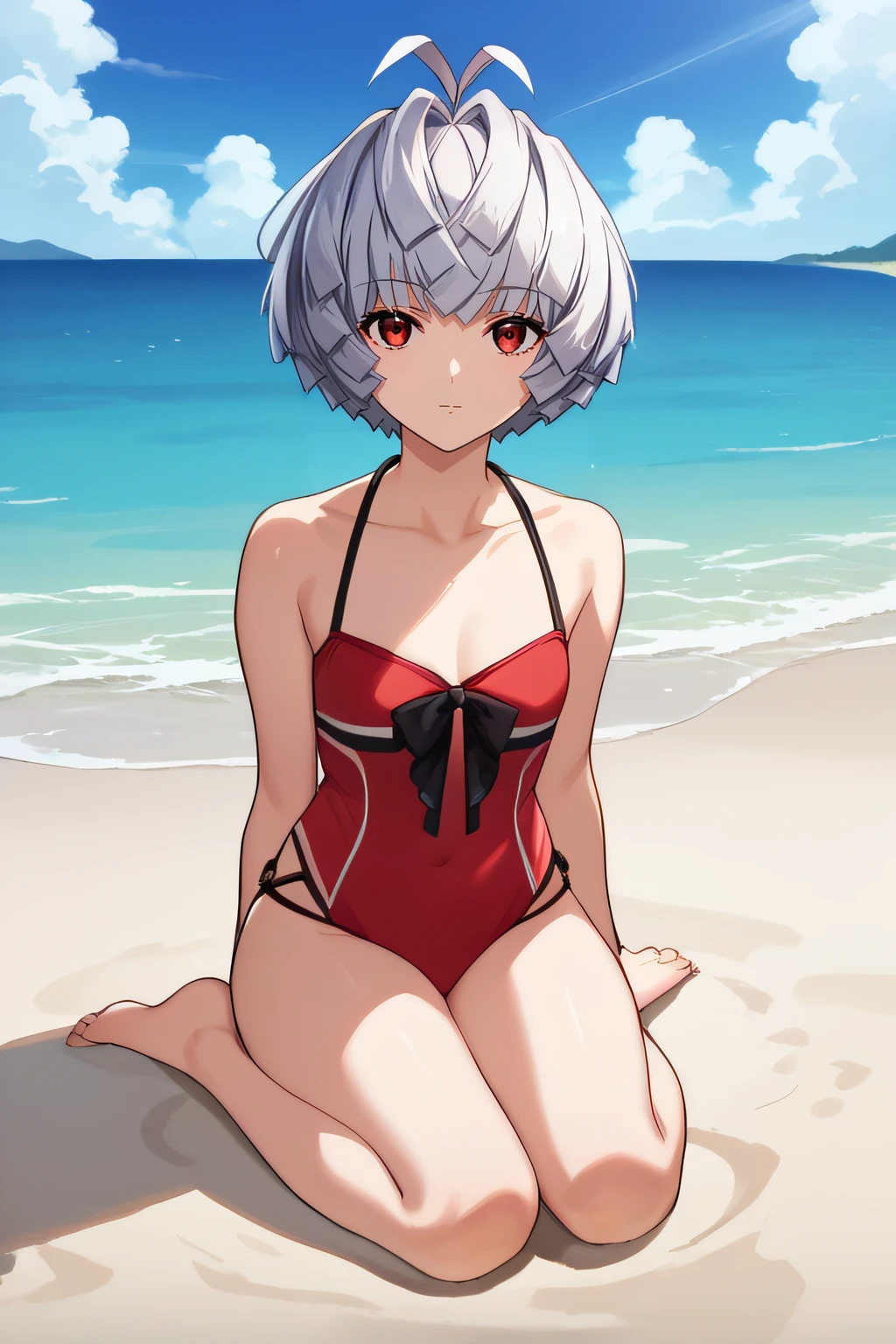 score_9, score_8_up, score_7_up, source_anime, rating_safe, intricate details, anime screencap, official style, 1girl, <lora:Hanayo:1>, hanayo, silver hair, short hair, red eyes, antenna hair, swimsuit, sand, ocean behind, barefeet, full body, sitting on sand, looking at viewer