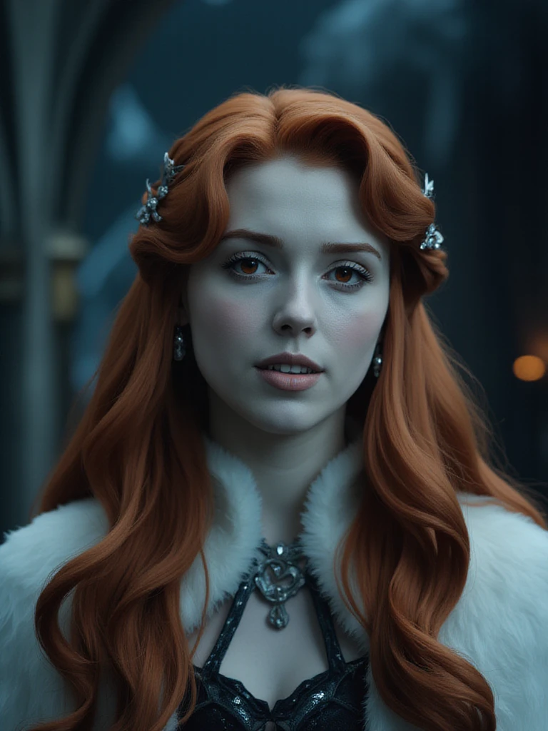 film scene from Denis Villeneuve. Cinematography. Dark and moody atmosphere.
<lora:lenore_v1:1.2>, A symmetric portrait of Lenore, smiling, fangs, a mysterious and elegant vampire, her pale face glowing softly in the darkness. Her long, flowing red hair cascades around her shoulders, intertwining with delicate silver hair accessories that seem to shimmer with an otherworldly light. Her piercing red eyes, framed by sharp features, exude a mixture of sorrow and determination. The white  fur stole draped over her shoulders adds a touch of regal warmth, contrasting with the cold, dimly lit medieval castle backdrop. The atmosphere is heavy with an ancient sorrow, as ethereal shadows play across her face, blending photorealistic detail with a subtle, digital surrealism. A faint, ghostly aura surrounds her, reminiscent of the Northern Lights, casting a spectral glow that enhances the menacing yet captivating aura.