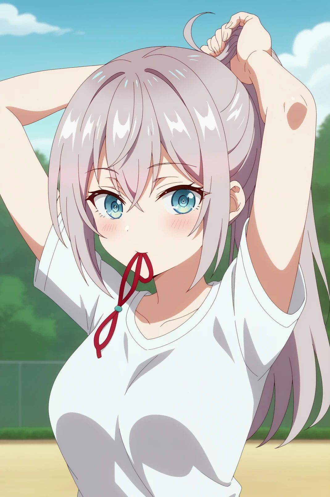 alisa mikhailovna kujou,anime screencap,1girl, solo, shirt, white shirt, tying hair, mouth hold, hair tie in mouth, ponytail, long hair, short sleeves, looking at viewer, upper body,arms up, t-shirt, adjusting hair, hair between eyes, hair tie, breasts, collarbone,light blue eyes,almond-shaped eyes, <lora:Alisa_Mikhailovna_Kujou - PDXL2.safetensors:0.8>