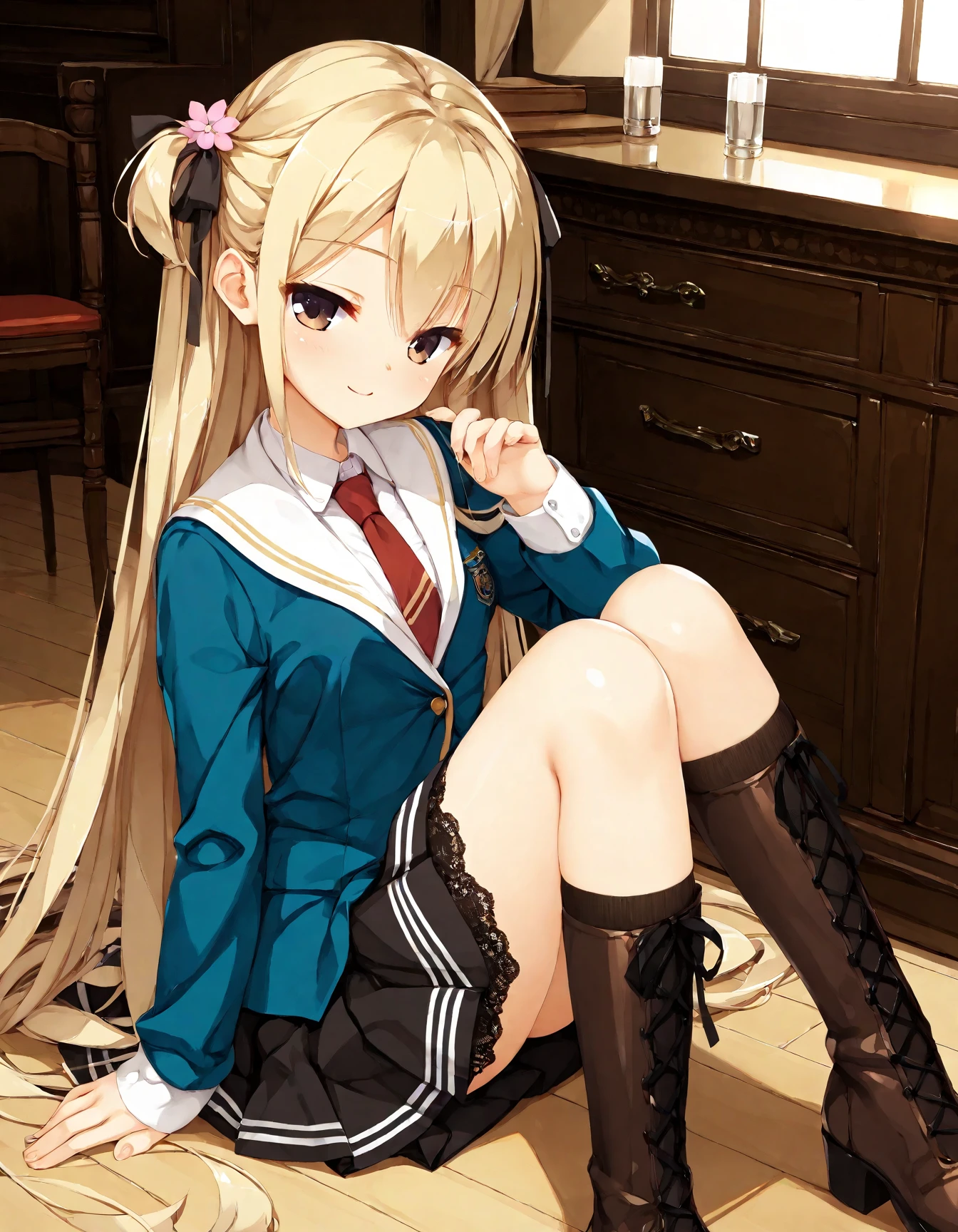 (score_9,score_8_up,score_7_up),source_anime,best quality,masterpiece,
yuzusoft_middle, 1girl, solo, blonde_hair, smile, sitting, black_thighhighs, school_uniform, hair_ribbon, very_long_hair, necktie, brown_footwear, lace-up_boots, blush, one_side_up, hair_flower, long_sleeves, indoors