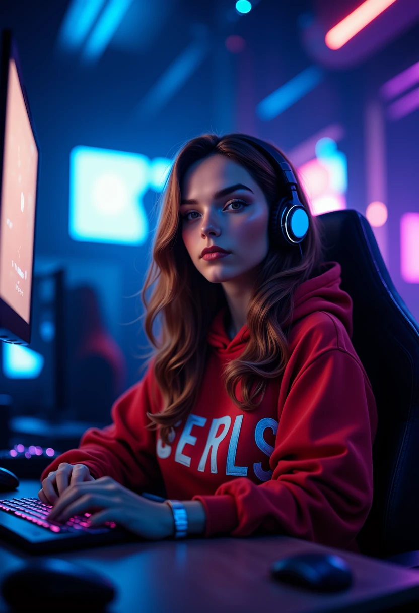 a woman playing on videogames, wearing pants and an oversized hoodie and a headset, dark, night, neon light, dimmed light, reij-clrfl style, <lora:reij-colorful_art_style-000008:0.9>, looking to viewer