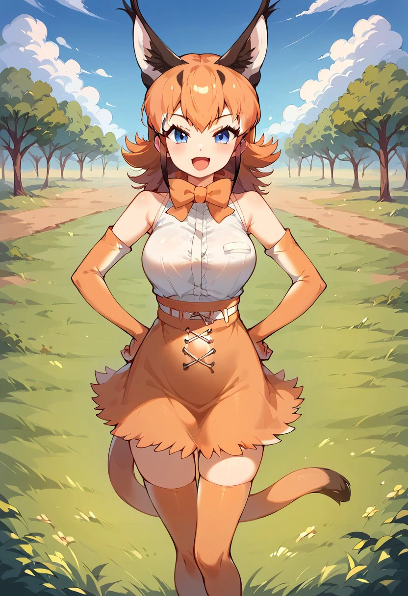 1girl, ((solo)), best quality, ultra-detailed, extremely detailed, perfect anatomy, masterpiece, score_9, score_8_up, score_7_up, caracal (kemono friends), animal ears, animal ear fluff, orange hair, tail, blue eyes, long hair, multicolored hair, white shirt, sleeveless shirt, orange skirt, skirt, orange bowtie, elbow gloves, bare shoulders, thighhighs, shoes, standing, hands on hips, open mouth smile, cute look, confident look, looking at viewer, happy, African savanna background, posing,