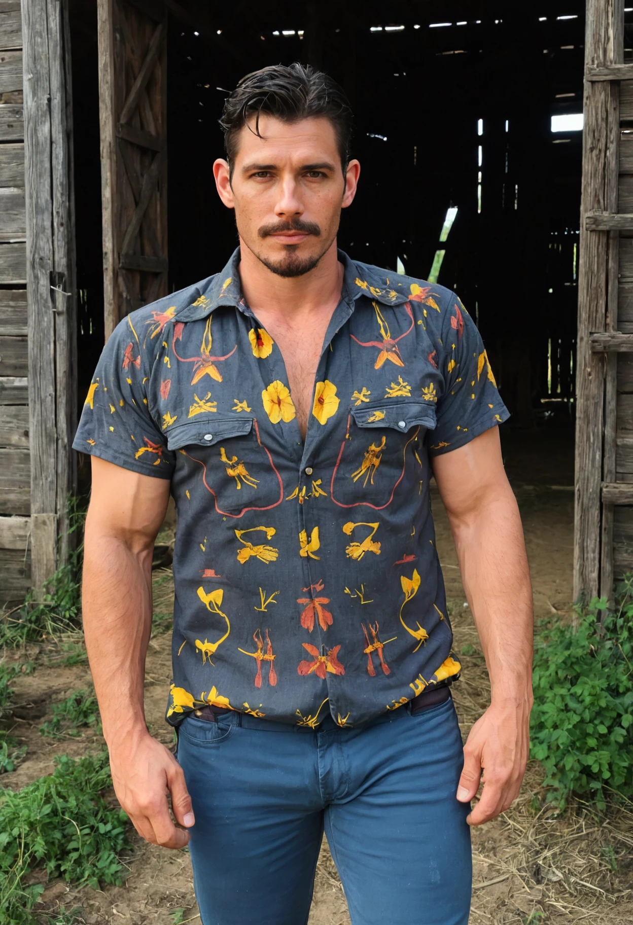 photo of a man, facial hair, wearing a cowboy shirt and pants, at a farm, looking directly at viewer, frontview,  <lora:Mitch_Burns_SDXL:.9>