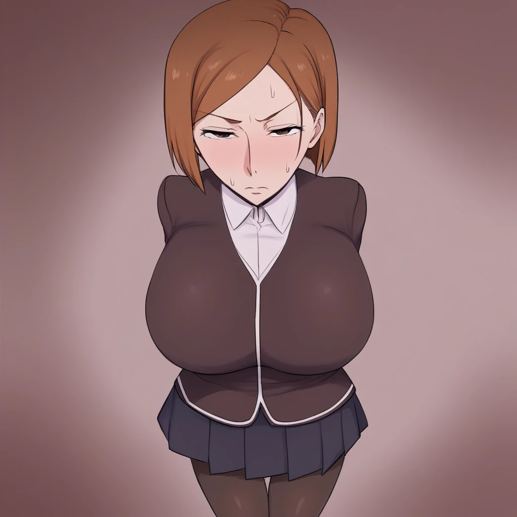 gigaartstyle, 1girl, solo, breasts, looking at viewer, blush, short hair, skirt, large breasts, brown hair, brown eyes, school uniform, pantyhose, sweatdrop, arms behind back, gakuran, kugisaki nobara, half closed eyes, POV, perspective, fisheye, from above